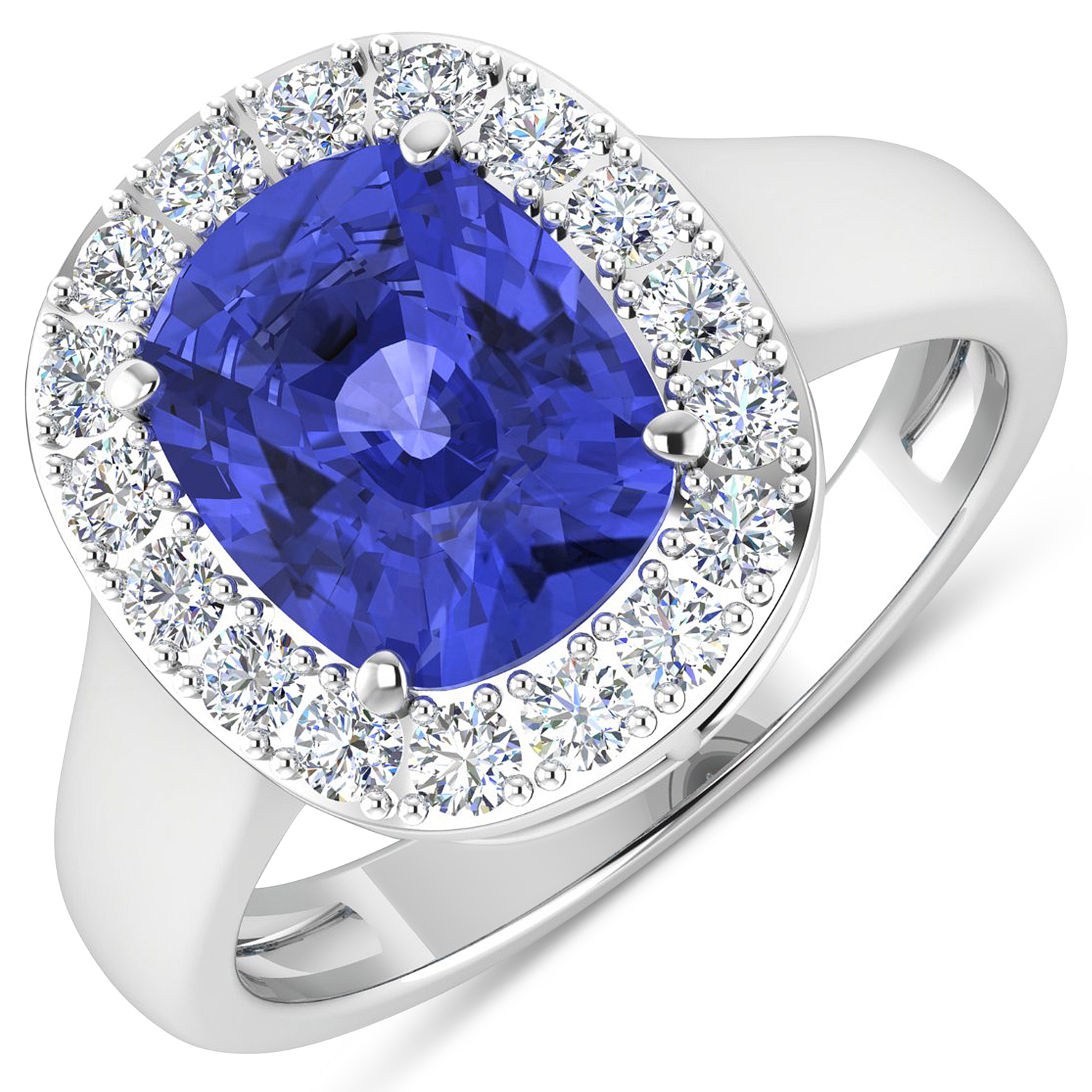0.51 ctw. Genuine White Diamond Semi-Mounting Halo Ring in 14K White Gold - holds 10x8mm Cushion Gemstone with Tanzanite Cushion 10x8mm