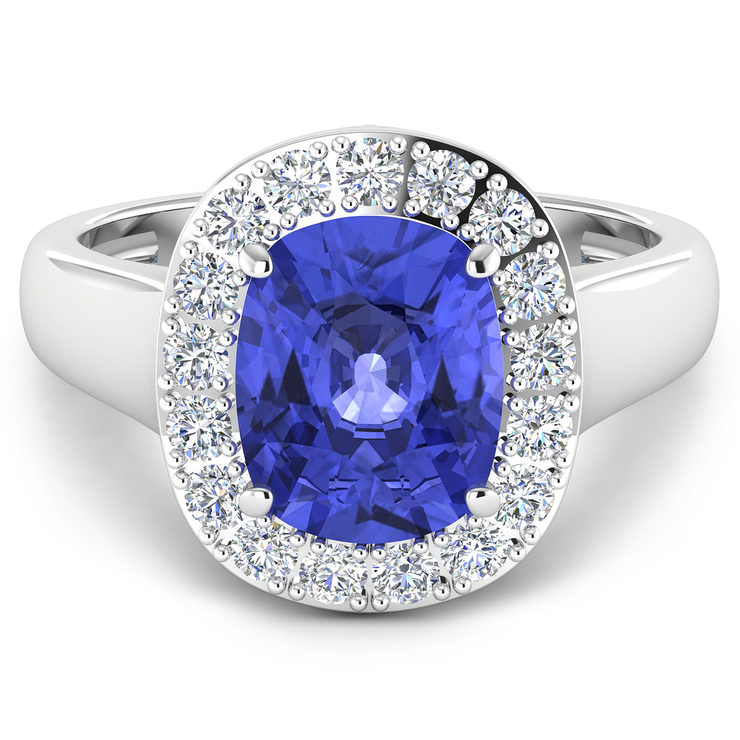 0.51 ctw. Genuine White Diamond Semi-Mounting Halo Ring in 14K White Gold - holds 10x8mm Cushion Gemstone with Tanzanite Cushion 10x8mm