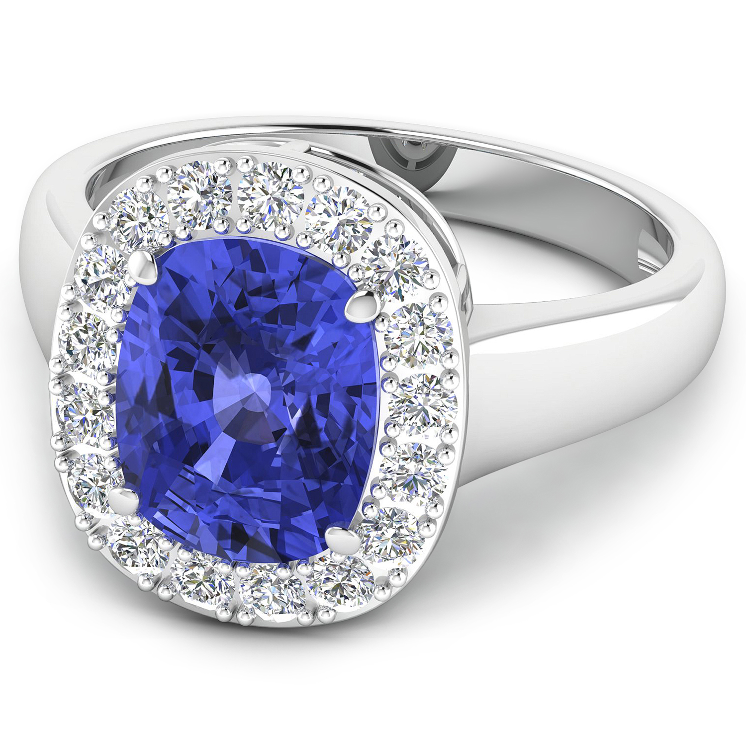 0.51 ctw. Genuine White Diamond Semi-Mounting Halo Ring in 14K White Gold - holds 10x8mm Cushion Gemstone with Tanzanite Cushion 10x8mm