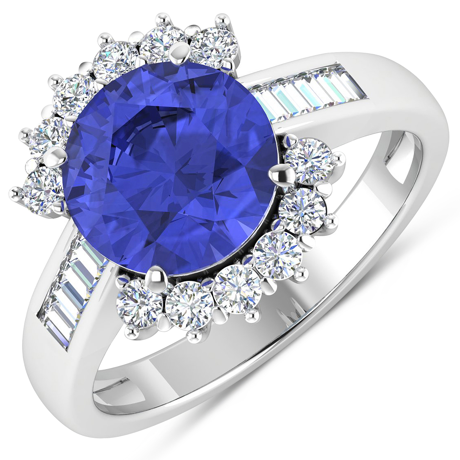 0.58 ctw. Genuine White Diamond Semi-Mounting Halo Ring in 14K White Gold - holds 9.00mm Round Gemstone with Tanzanite Round 9.00mm