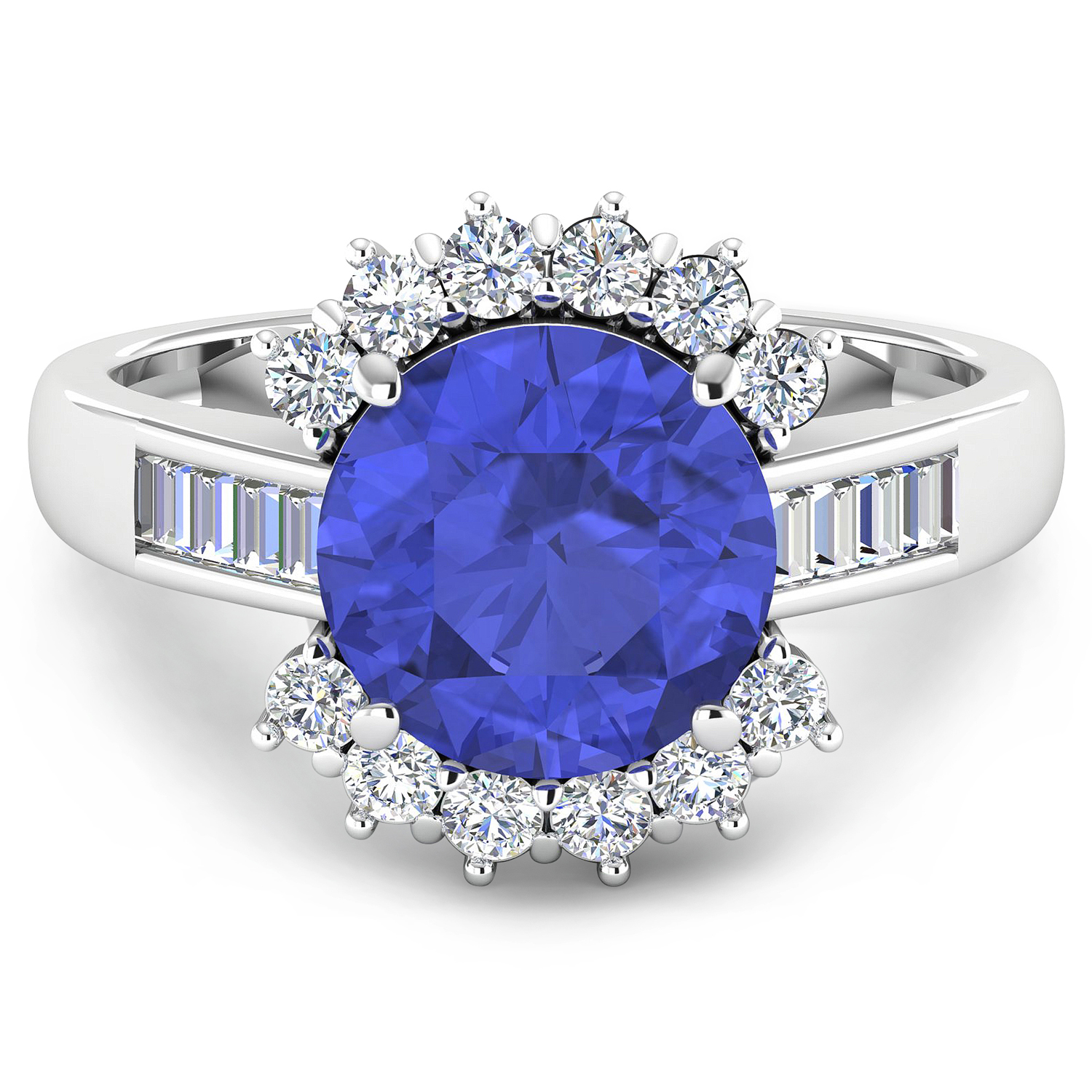 0.58 ctw. Genuine White Diamond Semi-Mounting Halo Ring in 14K White Gold - holds 9.00mm Round Gemstone with Tanzanite Round 9.00mm