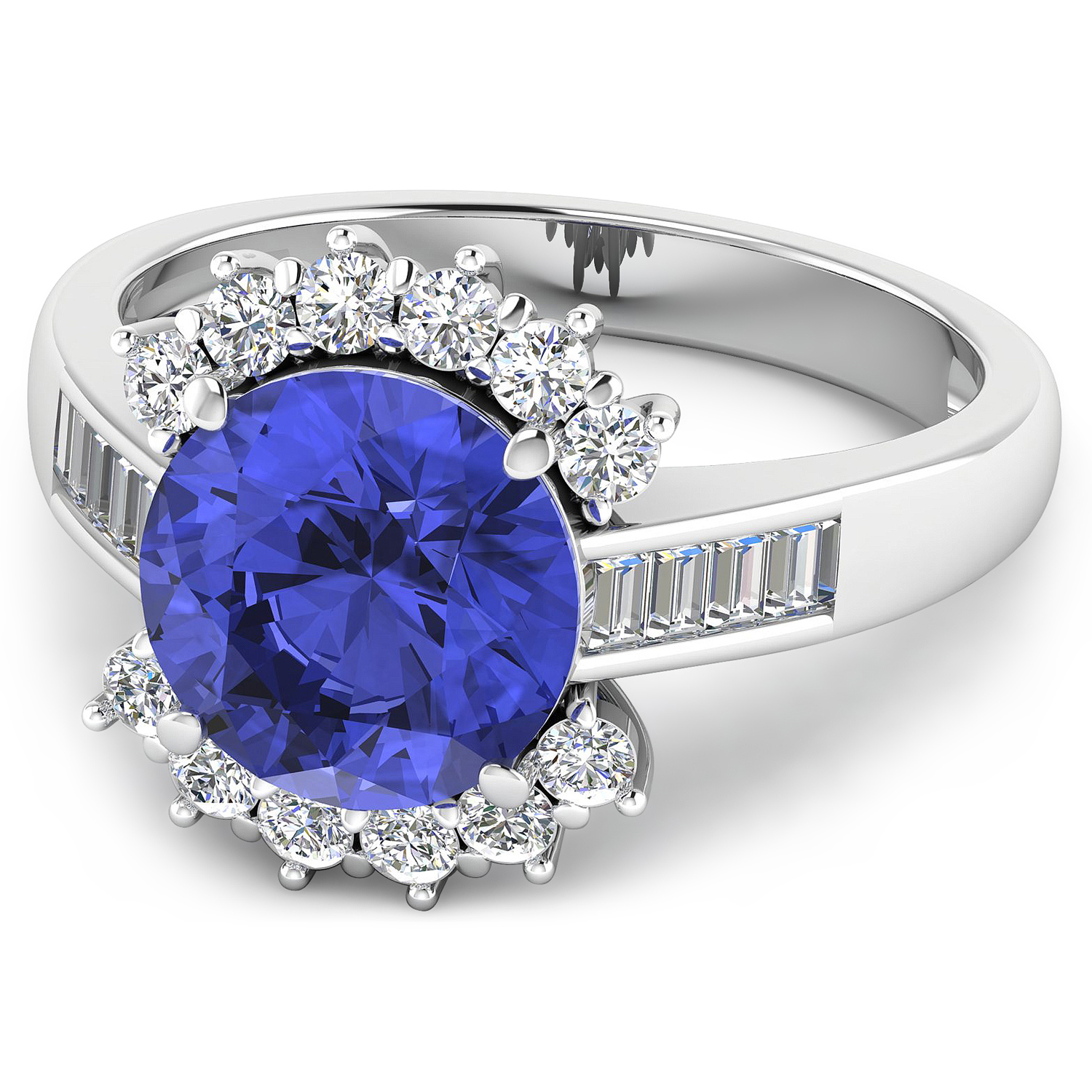 0.58 ctw. Genuine White Diamond Semi-Mounting Halo Ring in 14K White Gold - holds 9.00mm Round Gemstone with Tanzanite Round 9.00mm