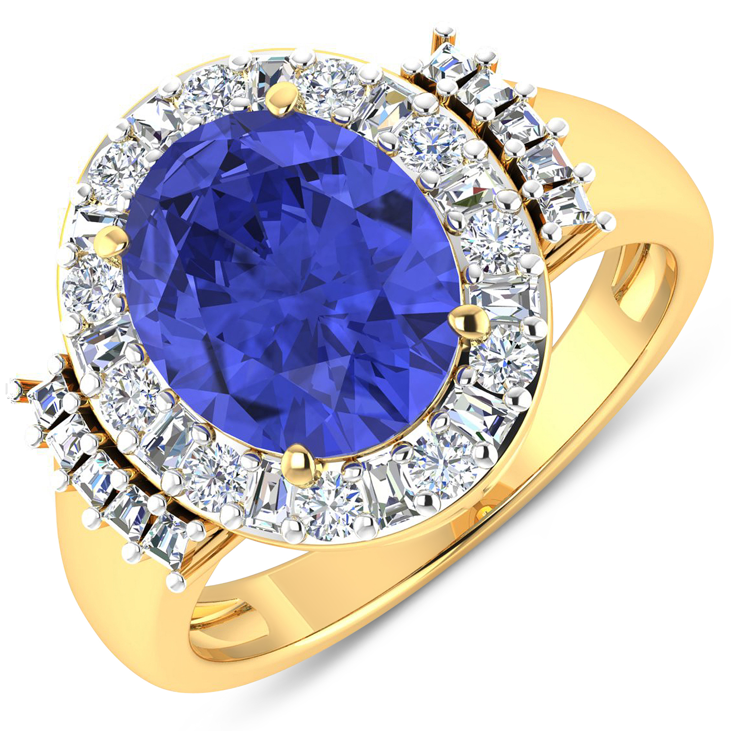 0.83 ctw. Genuine White Diamond Semi-Mounting Halo Ring in 14K Yellow Gold - holds 11x9mm Oval Gemstone with Tanzanite Oval 11x9mm
