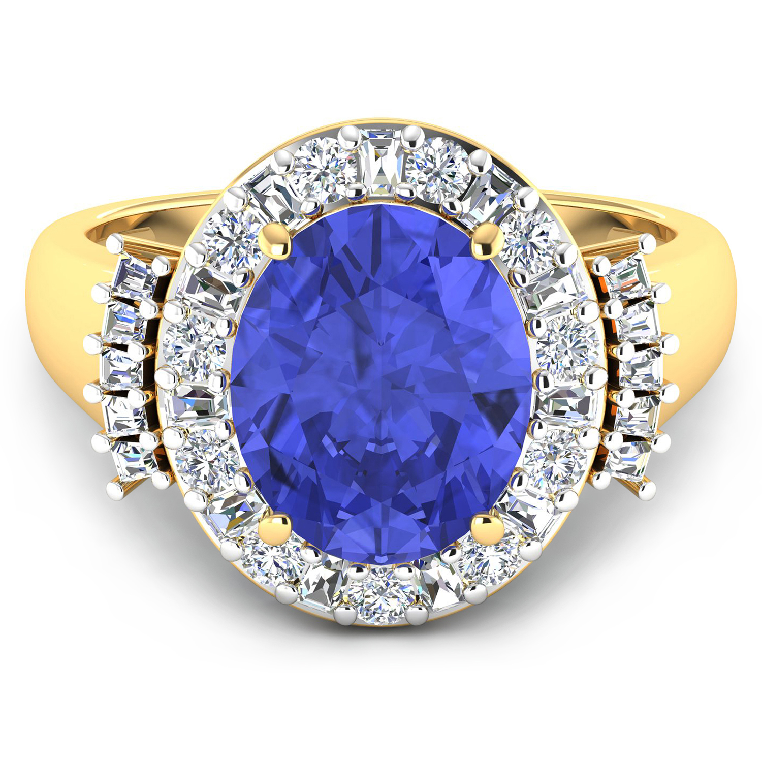 0.83 ctw. Genuine White Diamond Semi-Mounting Halo Ring in 14K Yellow Gold - holds 11x9mm Oval Gemstone with Tanzanite Oval 11x9mm