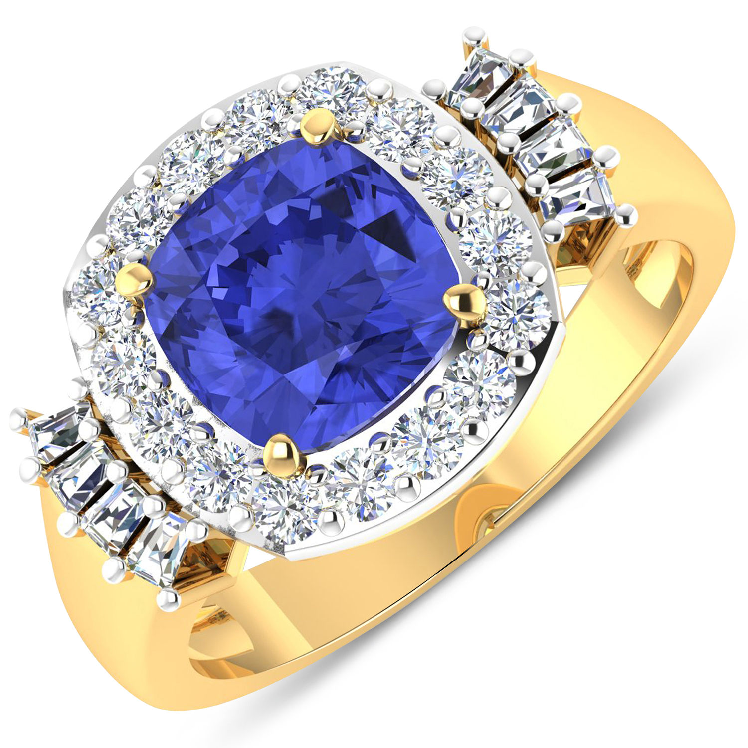 0.73 ctw. Genuine White Diamond Semi-Mounting Halo Ring in 14K Yellow Gold - holds 8x8mm Cushion Gemstone with Tanzanite Cushion 8.00mm