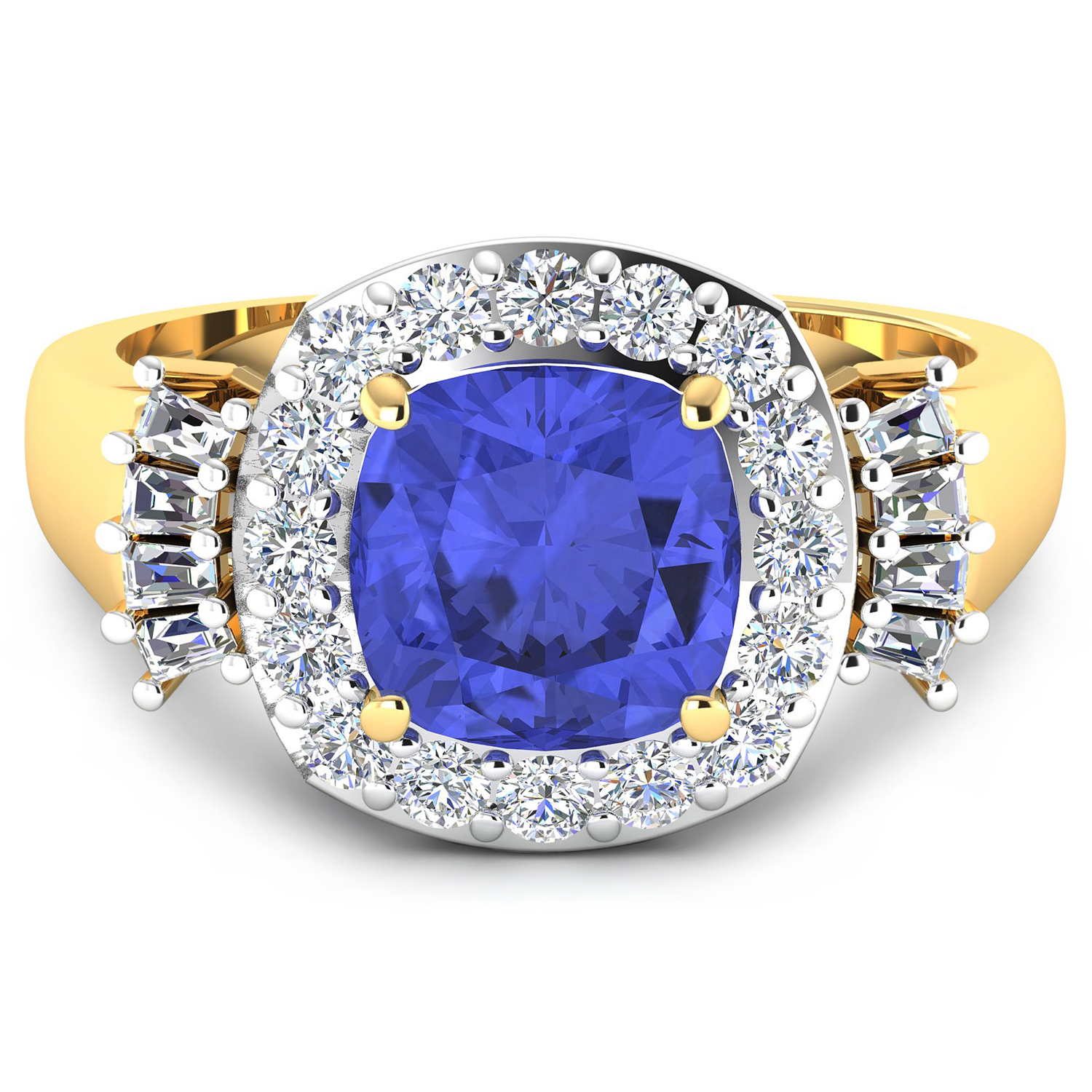 0.73 ctw. Genuine White Diamond Semi-Mounting Halo Ring in 14K Yellow Gold - holds 8x8mm Cushion Gemstone with Tanzanite Cushion 8.00mm