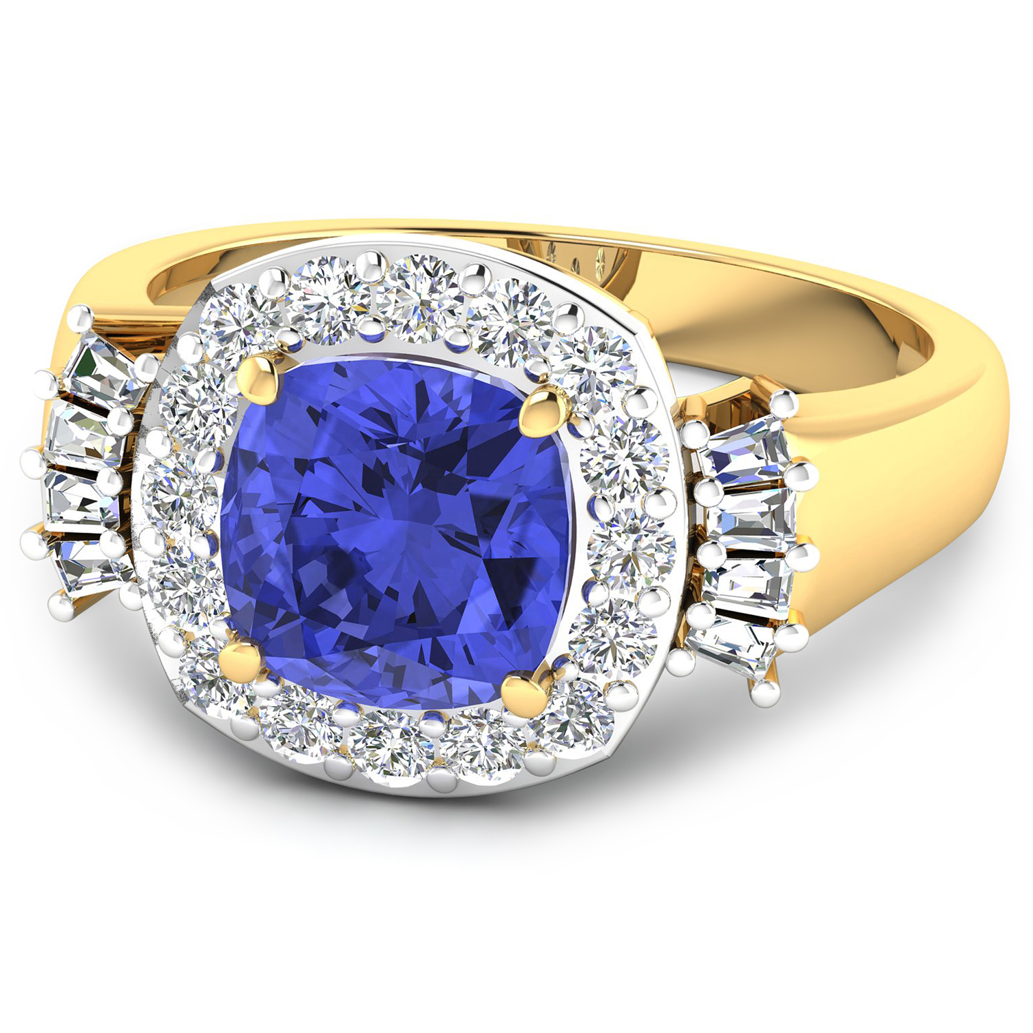 0.73 ctw. Genuine White Diamond Semi-Mounting Halo Ring in 14K Yellow Gold - holds 8x8mm Cushion Gemstone with Tanzanite Cushion 8.00mm