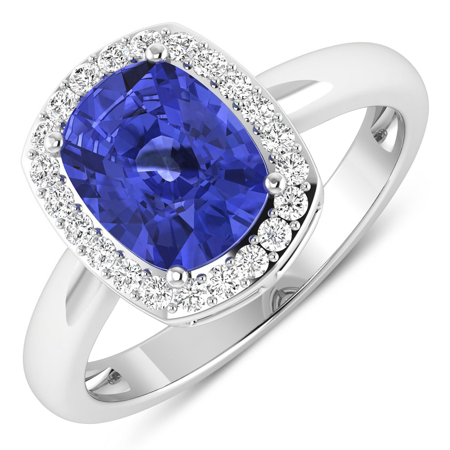 0.22 ctw. Genuine White Diamond Semi-Mounting Halo Ring in 14K White Gold - holds 9x7mm Cushion Gemstone with Tanzanite Cushion 9x7mm