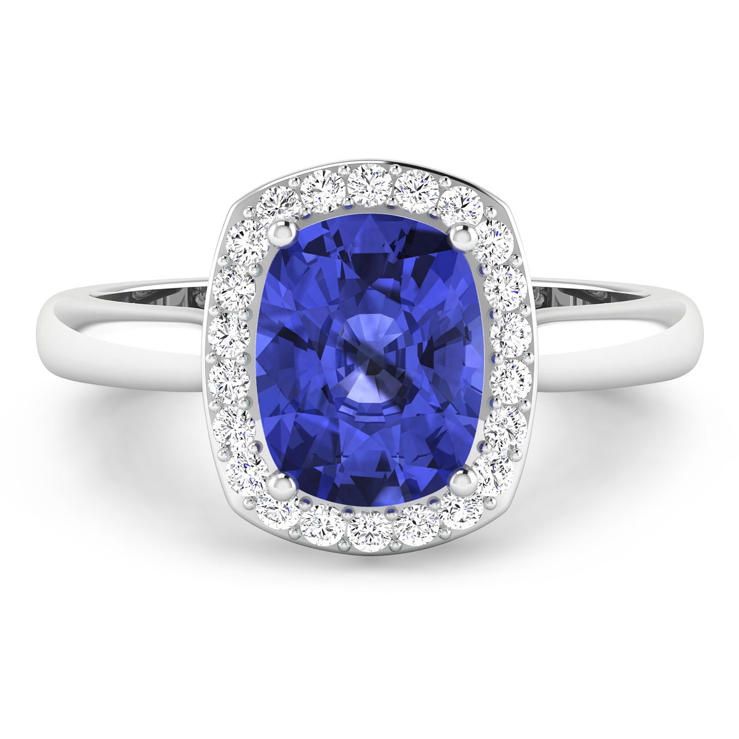 0.22 ctw. Genuine White Diamond Semi-Mounting Halo Ring in 14K White Gold - holds 9x7mm Cushion Gemstone with Tanzanite Cushion 9x7mm