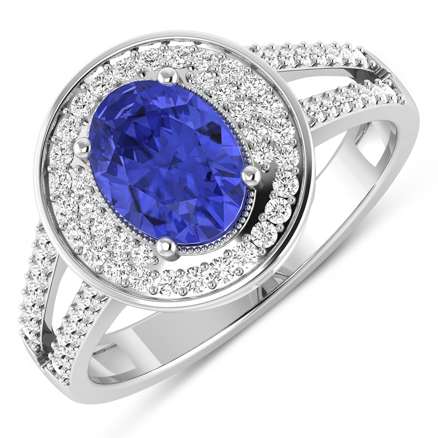 0.34 ctw. Genuine White Diamond Semi-Mounting Halo Ring in 14K White Gold - holds 8x6mm Oval Gemstone with Tanzanite Oval 8x6mm