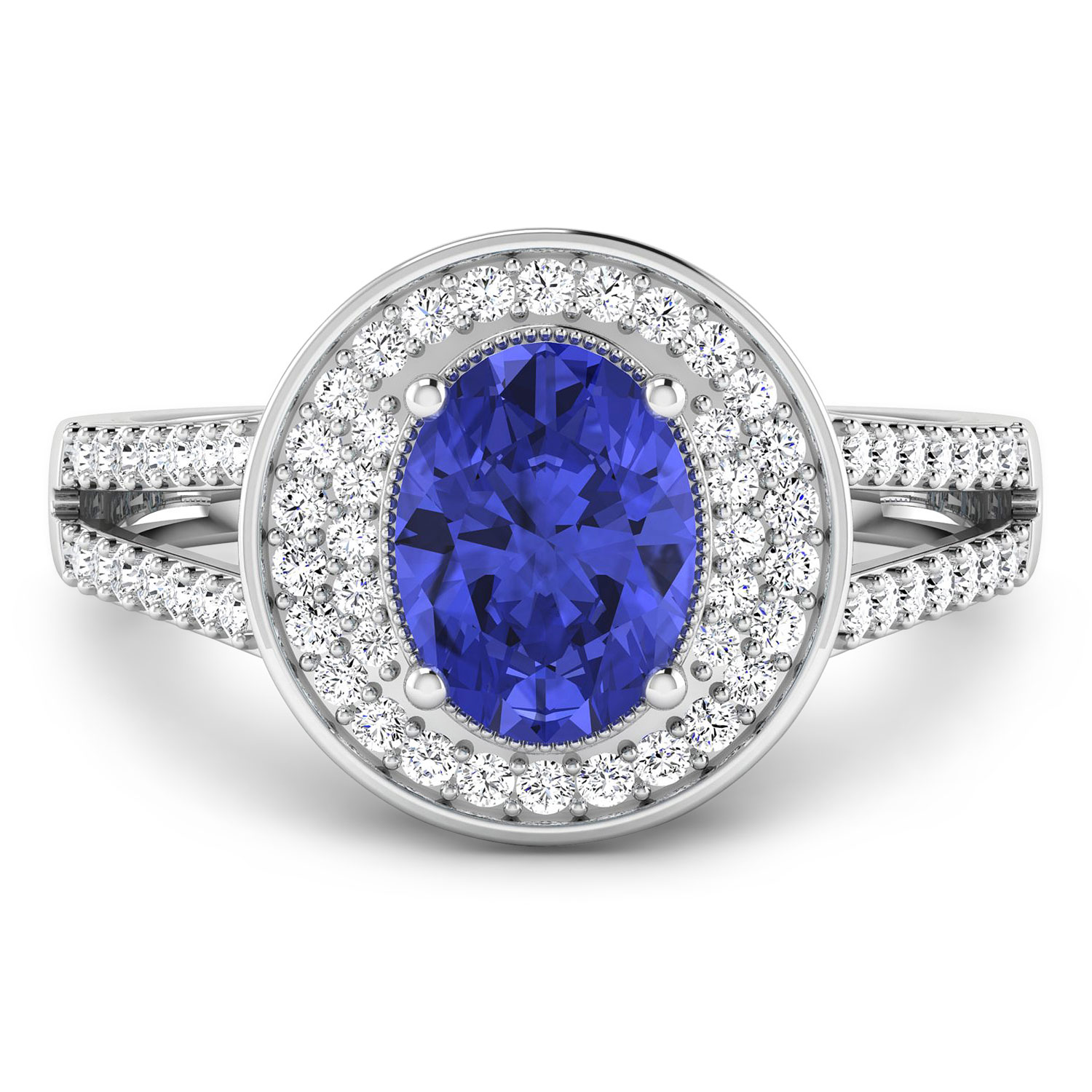 0.34 ctw. Genuine White Diamond Semi-Mounting Halo Ring in 14K White Gold - holds 8x6mm Oval Gemstone with Tanzanite Oval 8x6mm