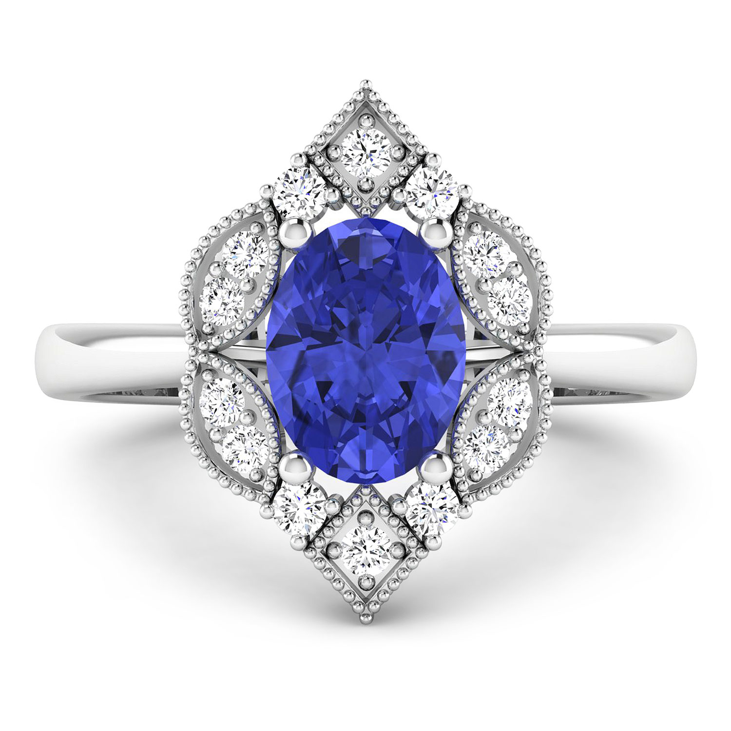 0.20 ctw. Genuine White Diamond Semi-Mounting Halo Ring in 14K White Gold - holds 8x6mm Oval Gemstone with Tanzanite Oval 8x6mm