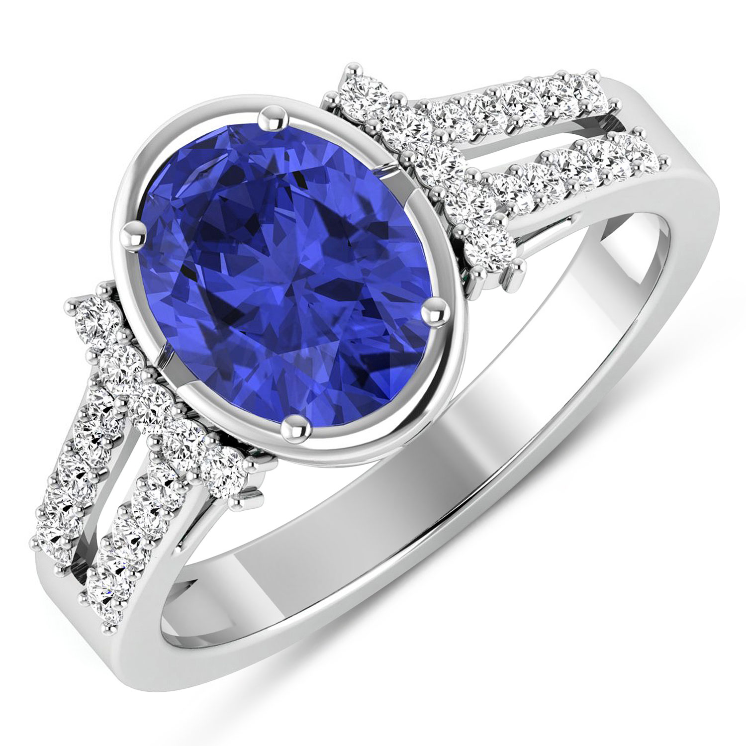 0.30 ctw. Genuine White Diamond Semi-Mounting Bridge Ring in 14K White Gold - holds 9x7mm Oval Gemstone with Tanzanite Oval 9x7mm