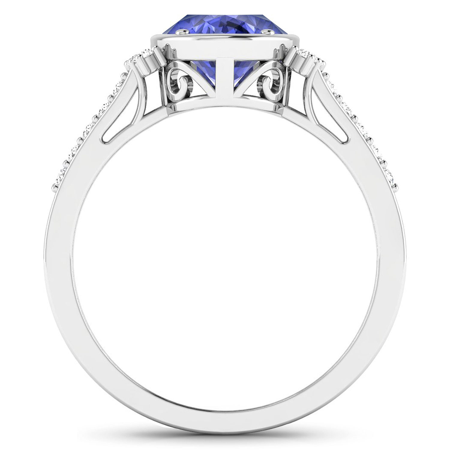 0.30 ctw. Genuine White Diamond Semi-Mounting Bridge Ring in 14K White Gold - holds 9x7mm Oval Gemstone with Tanzanite Oval 9x7mm