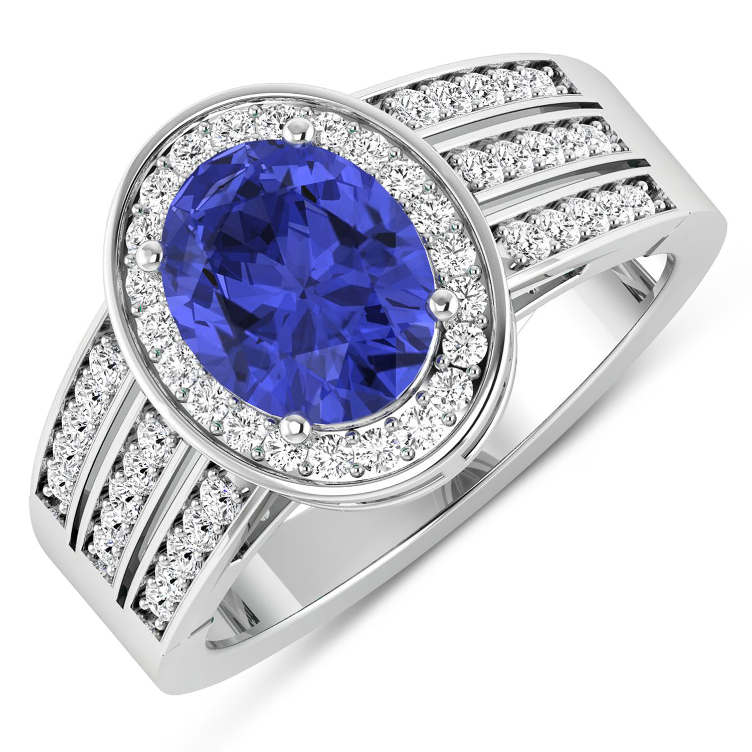 0.44 ctw. Genuine White Diamond Semi-Mounting Halo Ring in 14K White Gold - holds 9x7mm Oval Gemstone with Tanzanite Oval 9x7mm