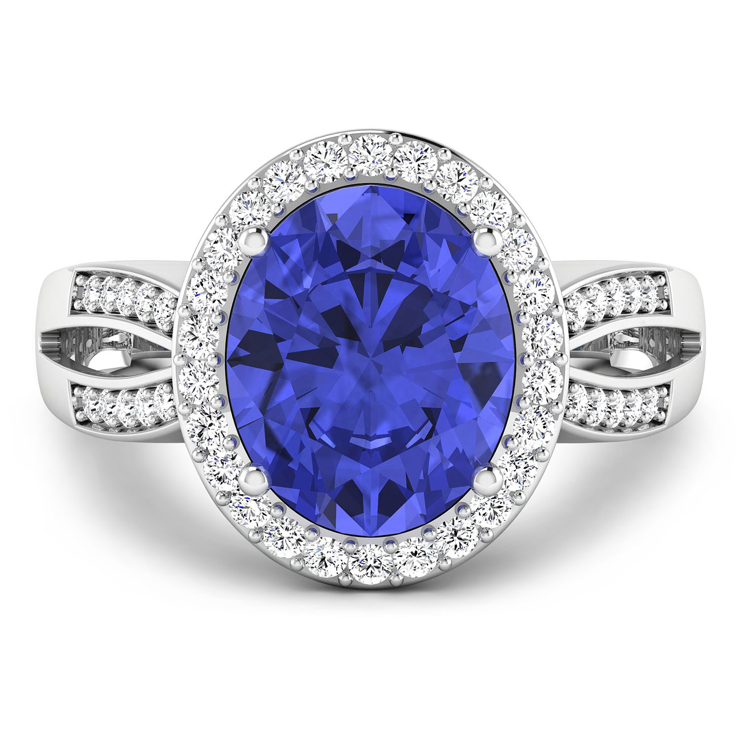 0.39 ctw. Genuine White Diamond Semi-Mounting Halo Ring in 14K White Gold - holds 11x9mm Oval Gemstone with Tanzanite Oval 11x9mm
