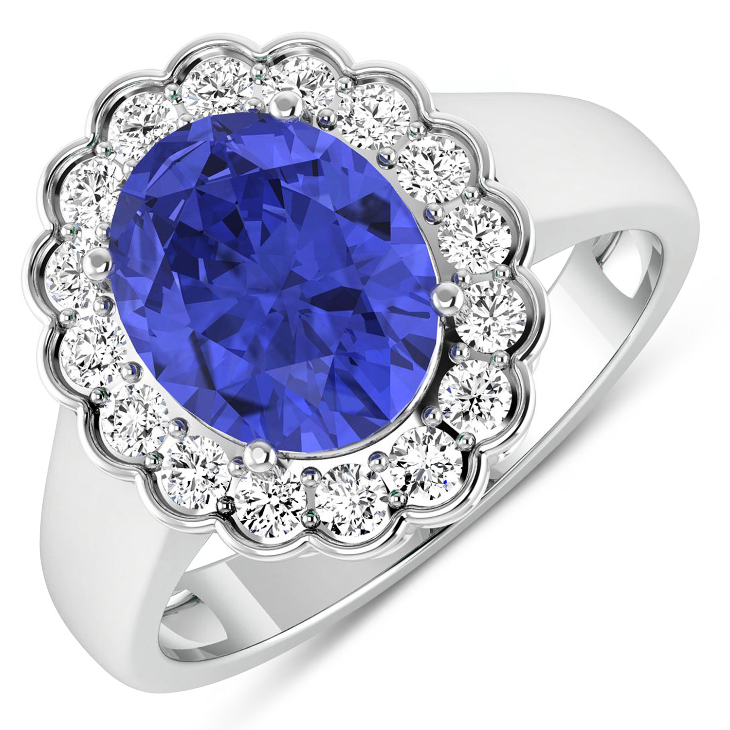 0.48 ctw. Genuine White Diamond Semi-Mounting Halo Ring in 14K White Gold - holds 10x8mm Oval Gemstone with Tanzanite Oval 10x8mm