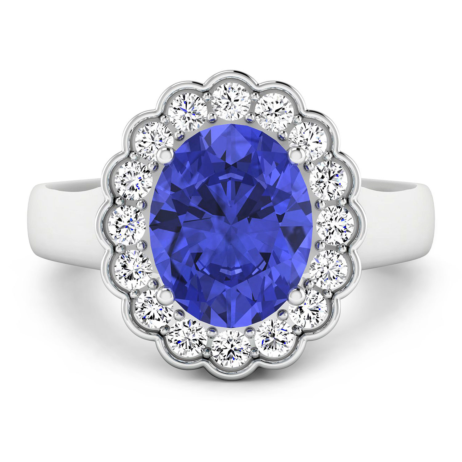 0.48 ctw. Genuine White Diamond Semi-Mounting Halo Ring in 14K White Gold - holds 10x8mm Oval Gemstone with Tanzanite Oval 10x8mm