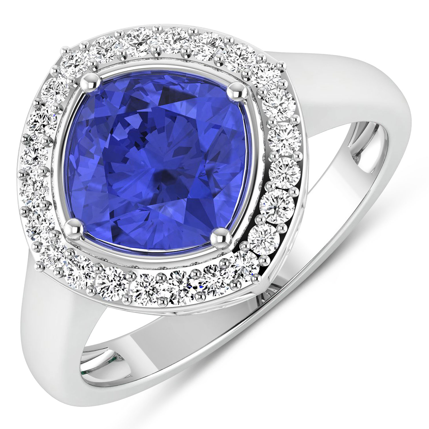 0.24 ctw. Genuine White Diamond Semi-Mounting Halo Ring in 14K White Gold - holds 8x8mm Cushion Gemstone with Tanzanite Cushion 8.00mm