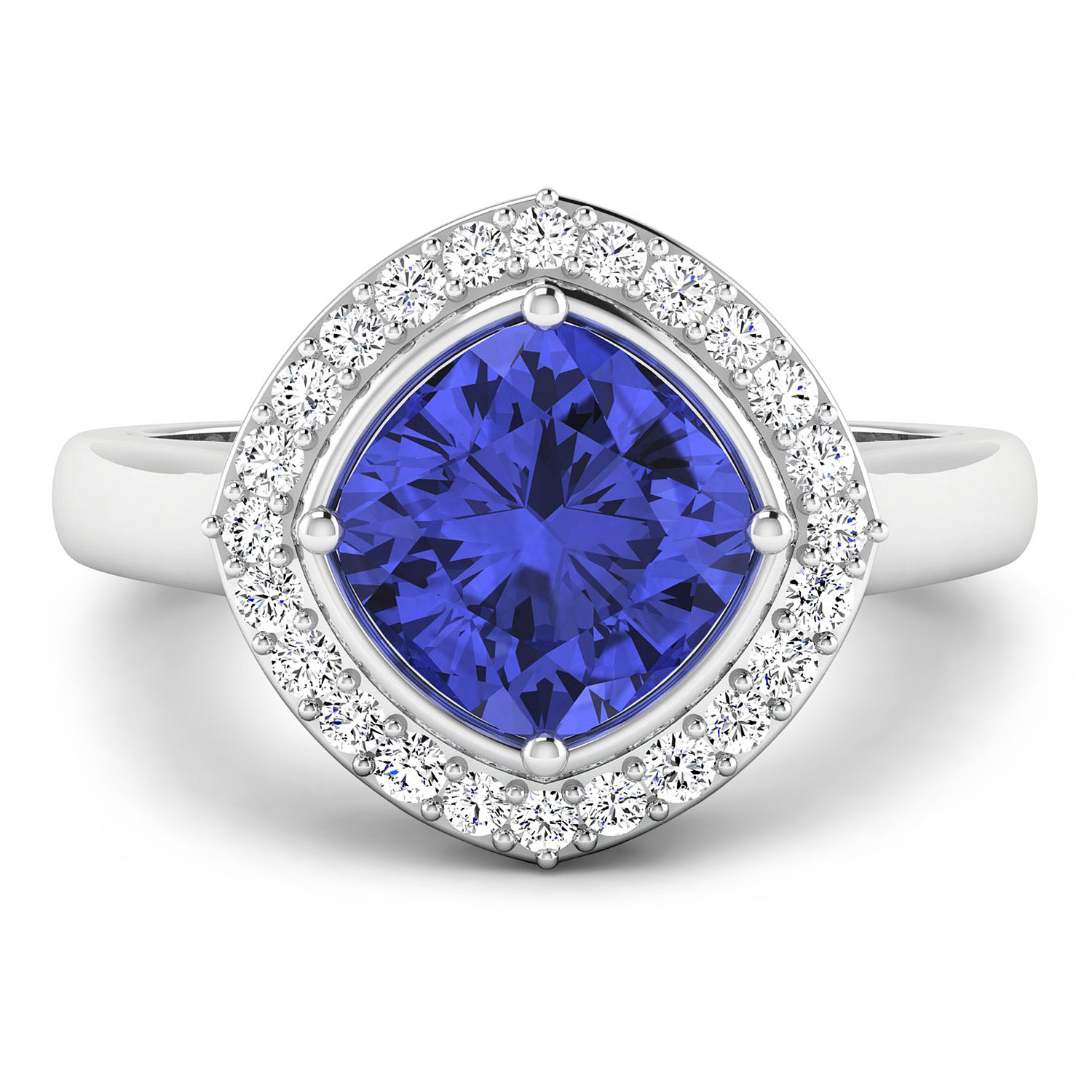 0.24 ctw. Genuine White Diamond Semi-Mounting Halo Ring in 14K White Gold - holds 8x8mm Cushion Gemstone with Tanzanite Cushion 8.00mm