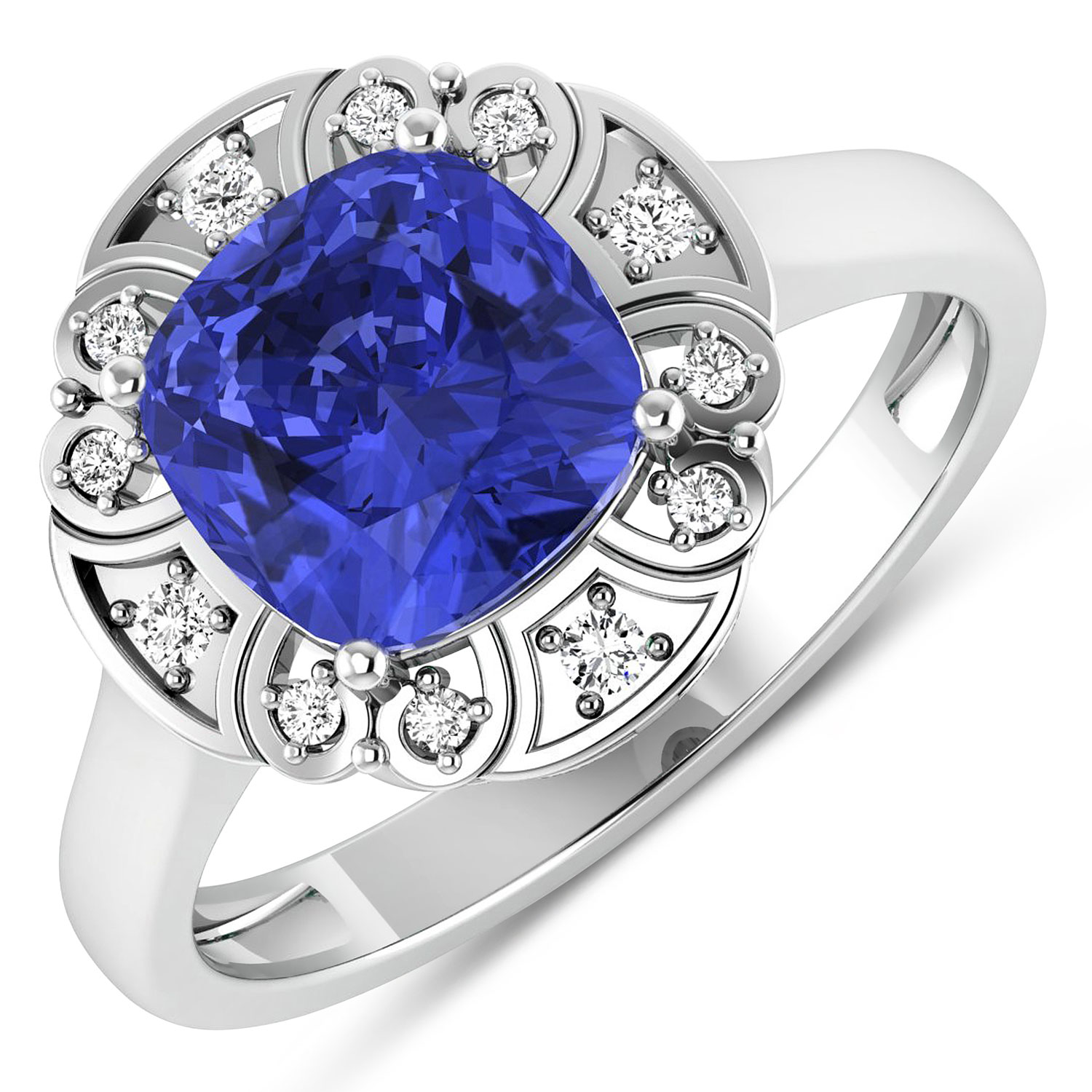 0.09 ctw. Genuine White Diamond Semi-Mounting Halo Ring in 14K White Gold - holds 8x8mm Cushion Gemstone with Tanzanite Cushion 8.00mm
