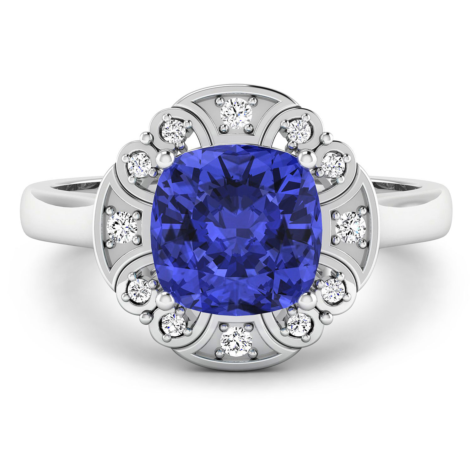 0.09 ctw. Genuine White Diamond Semi-Mounting Halo Ring in 14K White Gold - holds 8x8mm Cushion Gemstone with Tanzanite Cushion 8.00mm