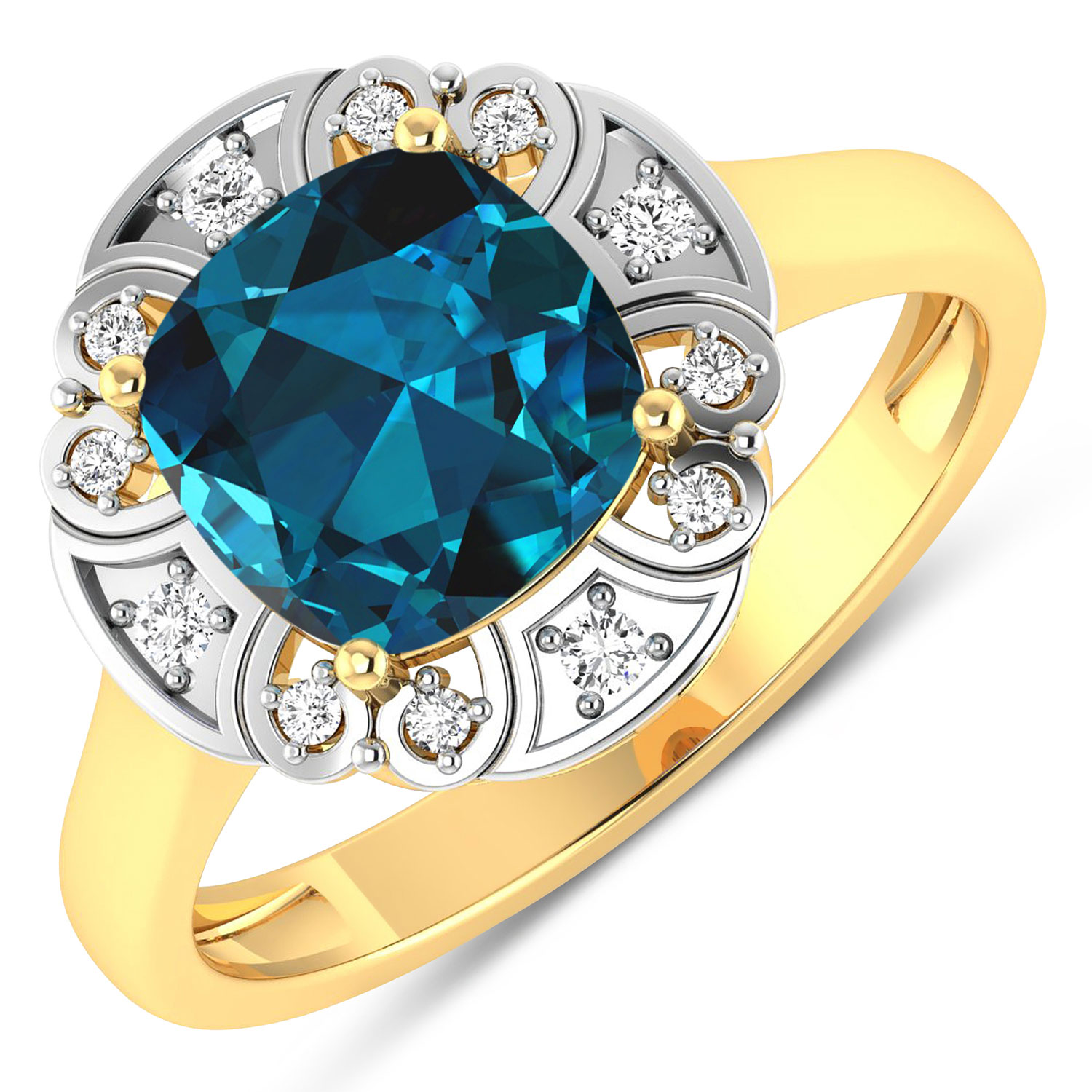 2.24 Carat Genuine London Blue Topaz and White Diamond 14K Yellow Gold Ring