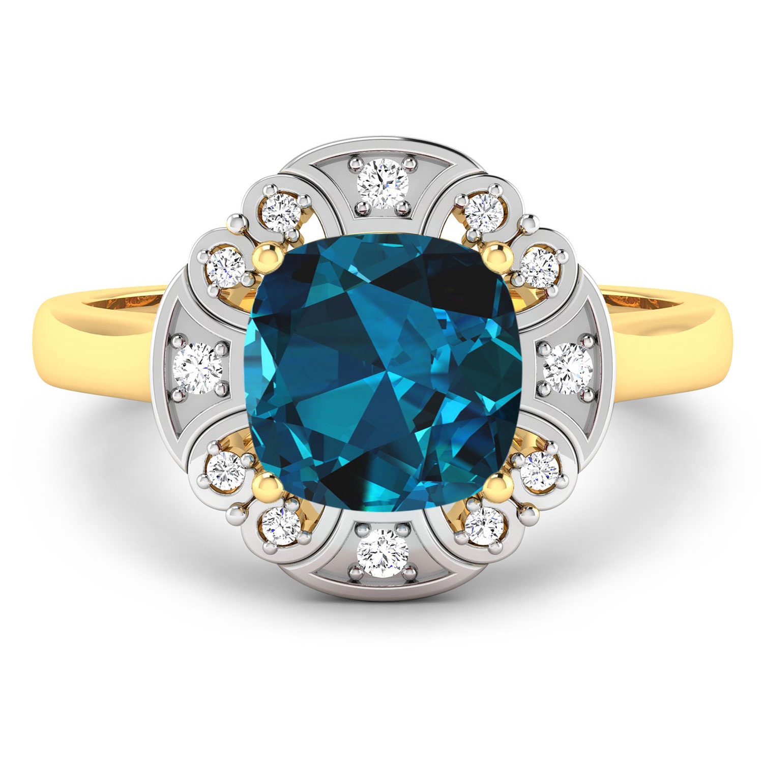 2.24 Carat Genuine London Blue Topaz and White Diamond 14K Yellow Gold Ring