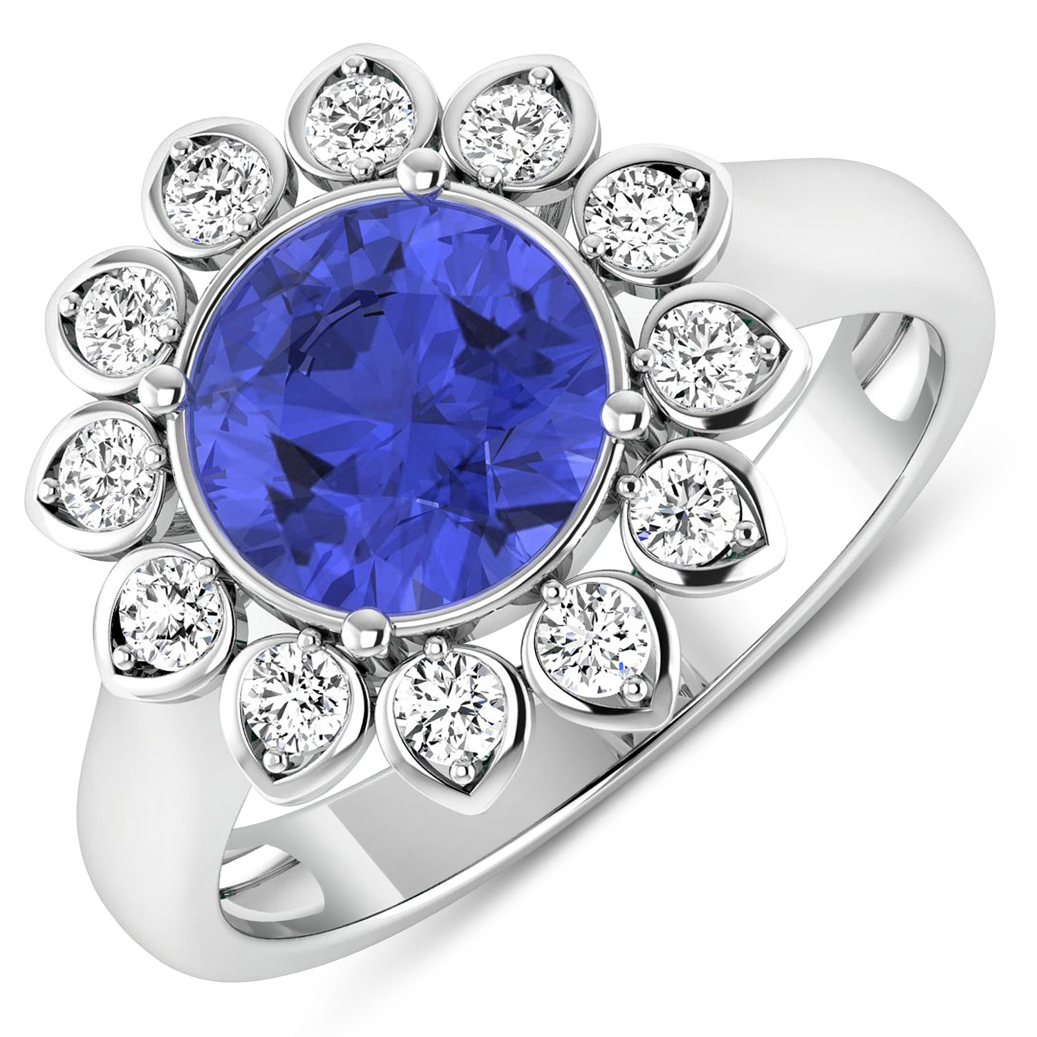 0.36 ctw. Genuine White Diamond Semi-Mounting Halo Ring in 14K White Gold - holds 8.00mm Round Gemstone with Tanzanite Round 8.00mm