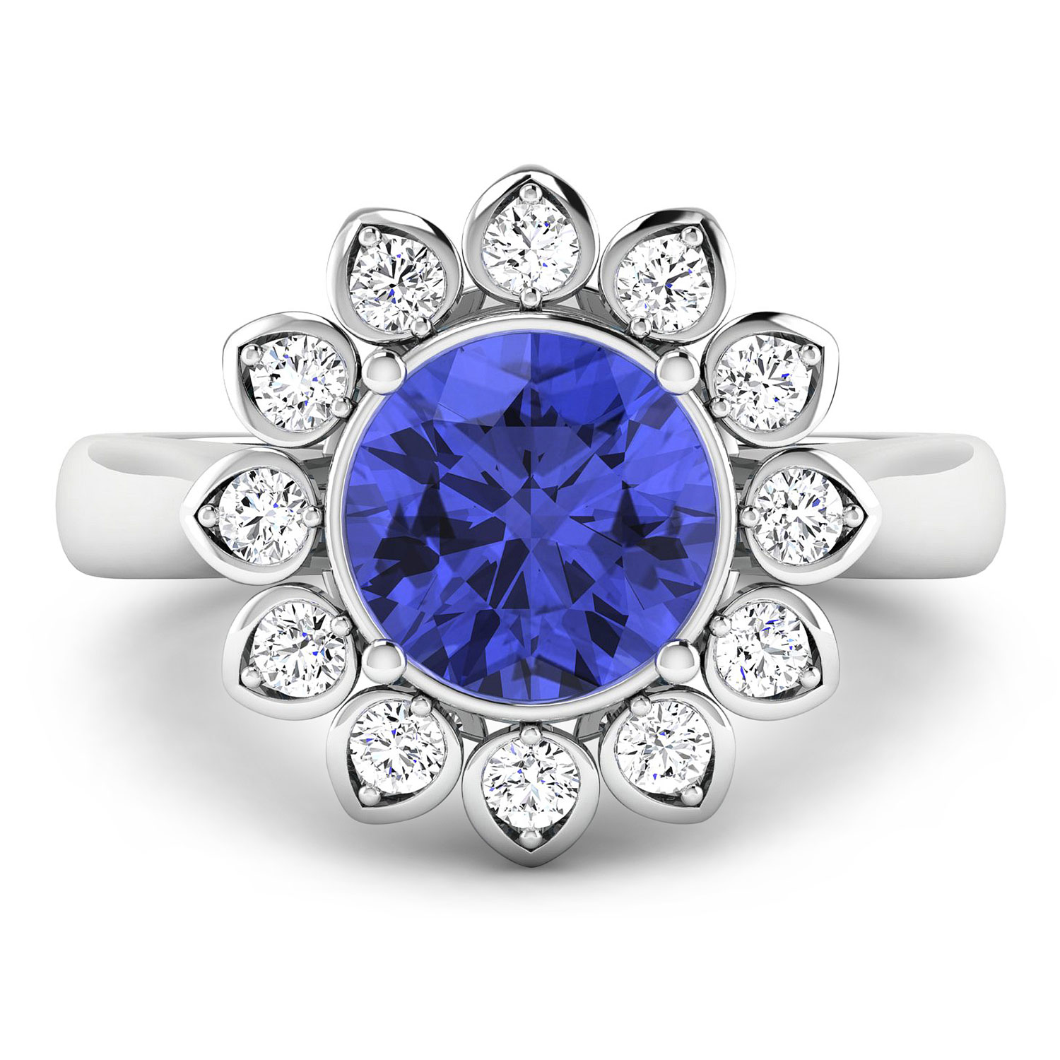 0.36 ctw. Genuine White Diamond Semi-Mounting Halo Ring in 14K White Gold - holds 8.00mm Round Gemstone with Tanzanite Round 8.00mm