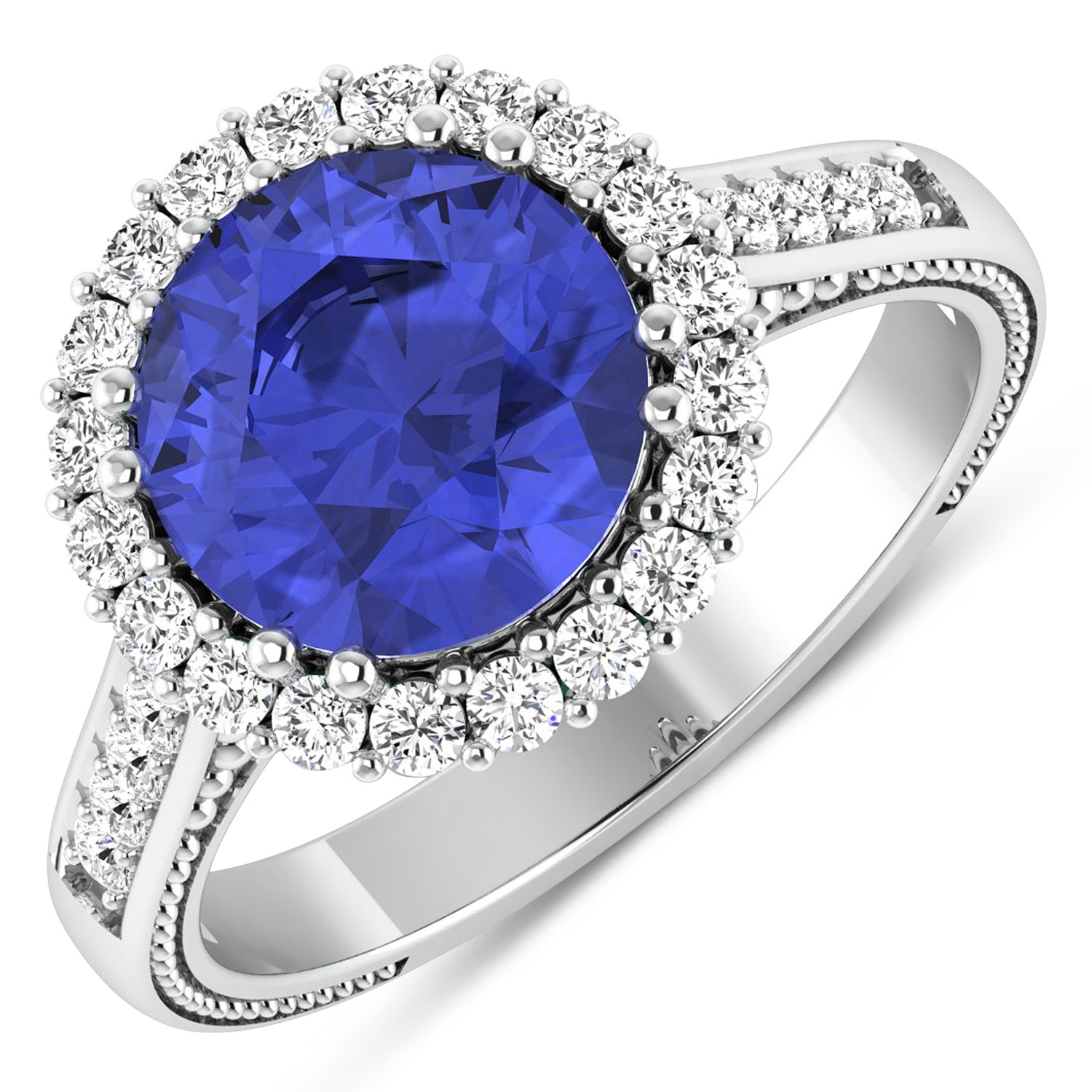 0.54 ctw. Genuine White Diamond Semi-Mounting Halo Ring in 14K White Gold - holds 9.00mm Round Gemstone with Tanzanite Round 9.00mm