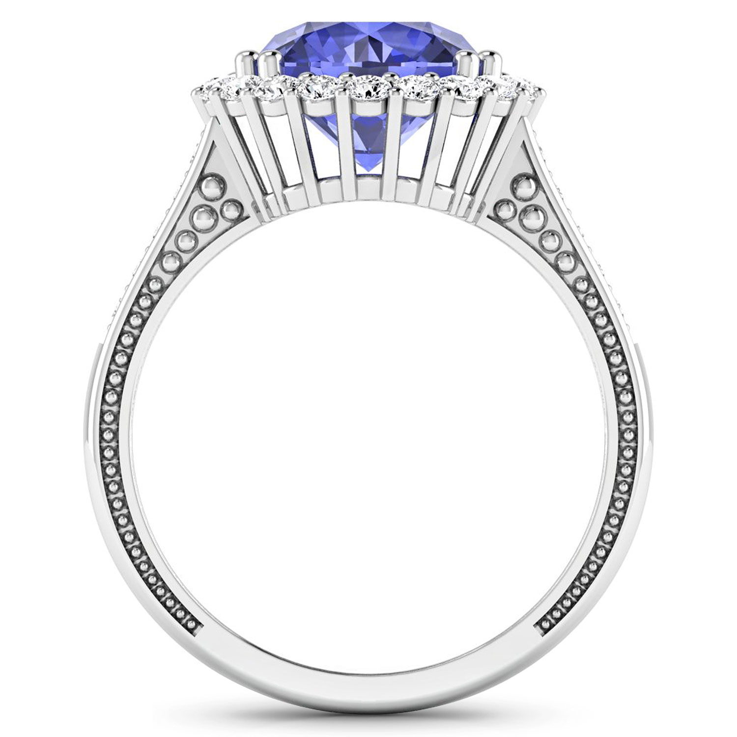 0.54 ctw. Genuine White Diamond Semi-Mounting Halo Ring in 14K White Gold - holds 9.00mm Round Gemstone with Tanzanite Round 9.00mm