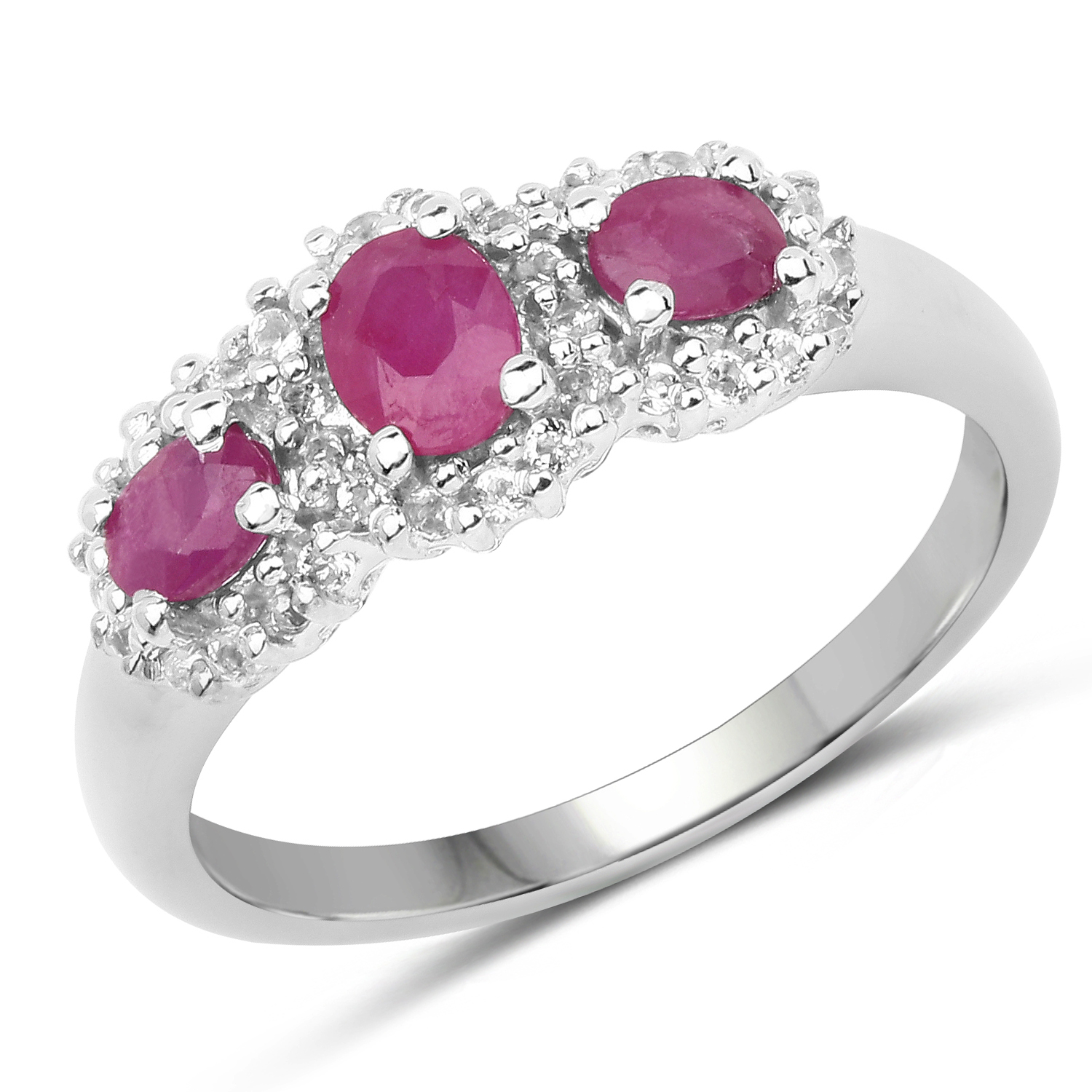 0.91 Carat Genuine Ruby and White Topaz .925 Sterling Silver Ring