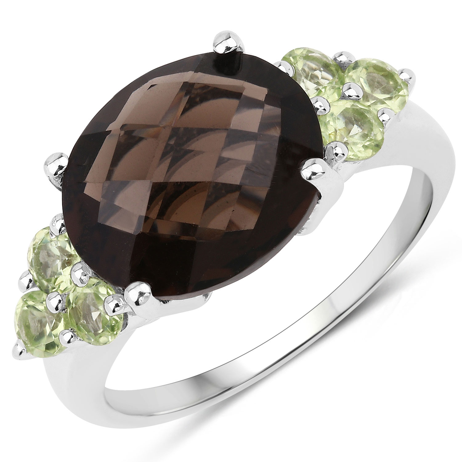 5.21 Carat Genuine Smoky Quartz and Peridot .925 Sterling Silver Ring