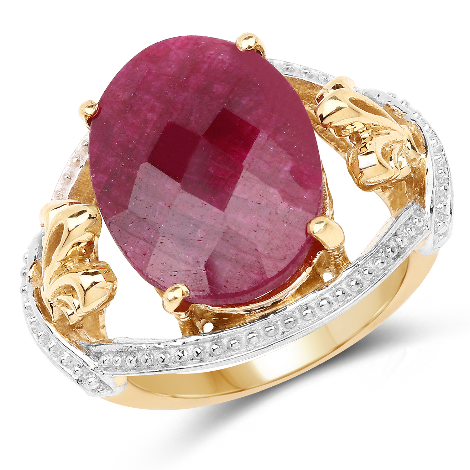 14K Yellow Gold Plated 12.15 Carat Dyed Ruby .925 Sterling Silver Ring