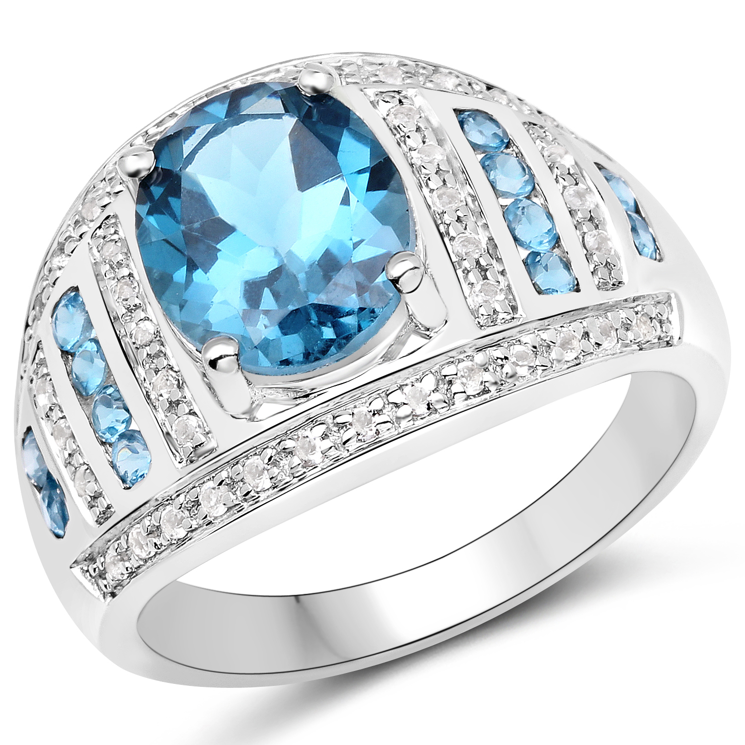 3.24 Carat Genuine London Blue Topaz and White Topaz .925 Sterling Silver Ring