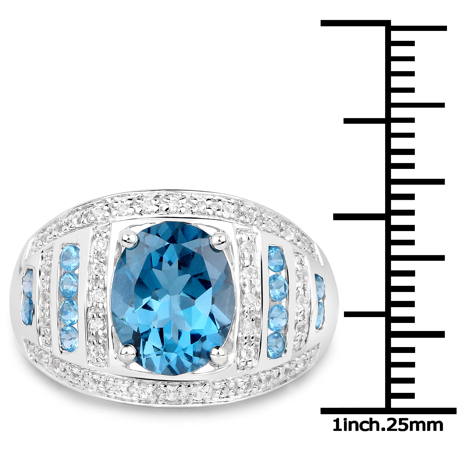 3.24 Carat Genuine London Blue Topaz and White Topaz .925 Sterling Silver Ring