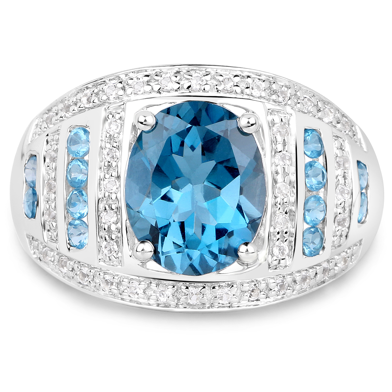3.24 Carat Genuine London Blue Topaz and White Topaz .925 Sterling Silver Ring