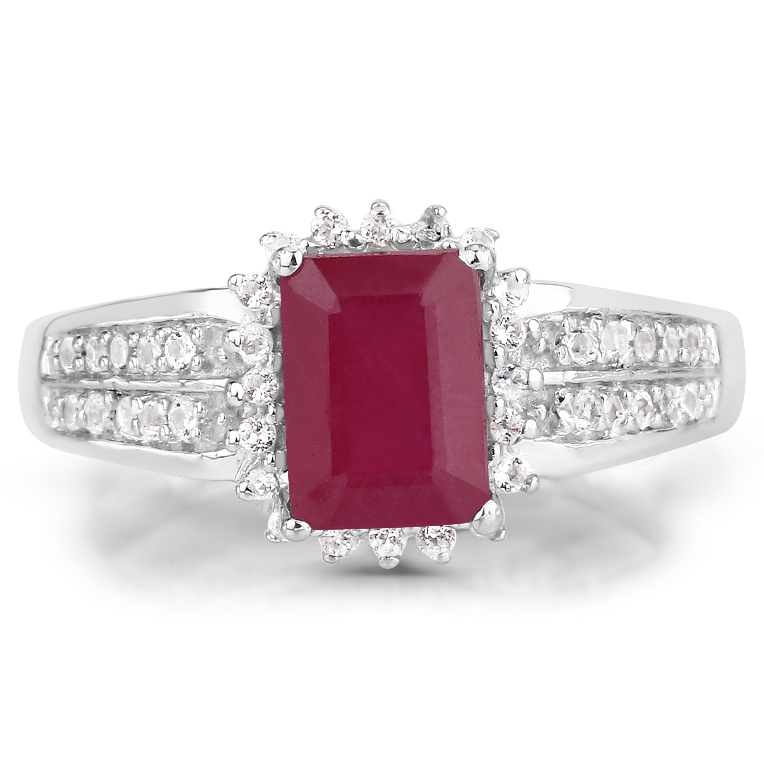 1.40 Carat Glass Filled Ruby and White Topaz .925 Sterling Silver Ring