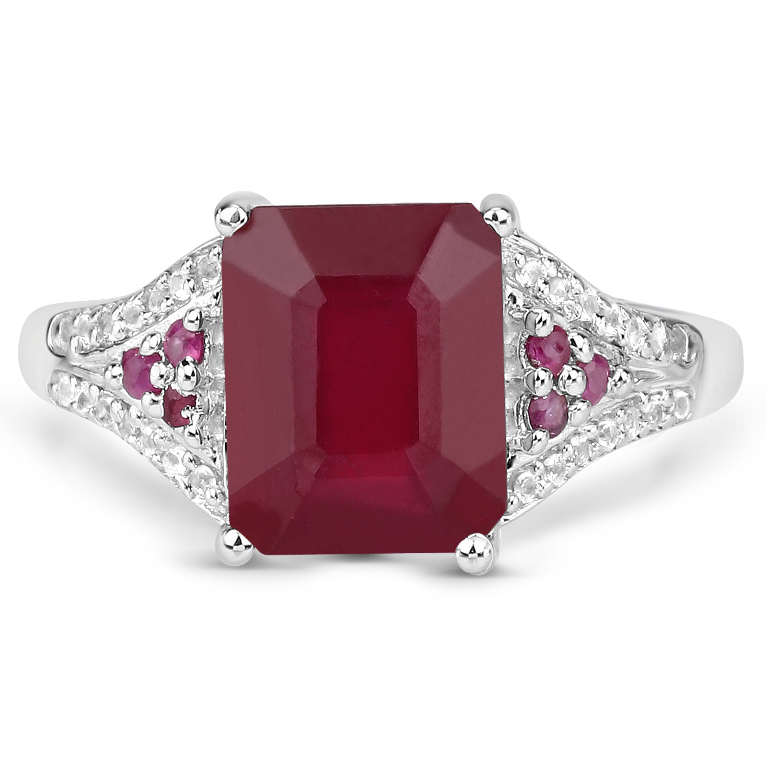 4.49 Carat Glass Filled Ruby and White Topaz .925 Sterling Silver Ring