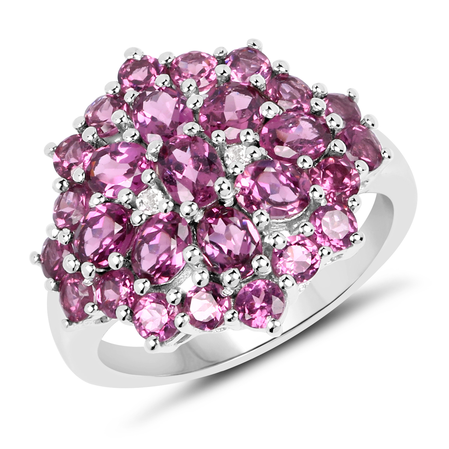 3.37 Carat Genuine Rhodolite and White Topaz .925 Sterling Silver Ring