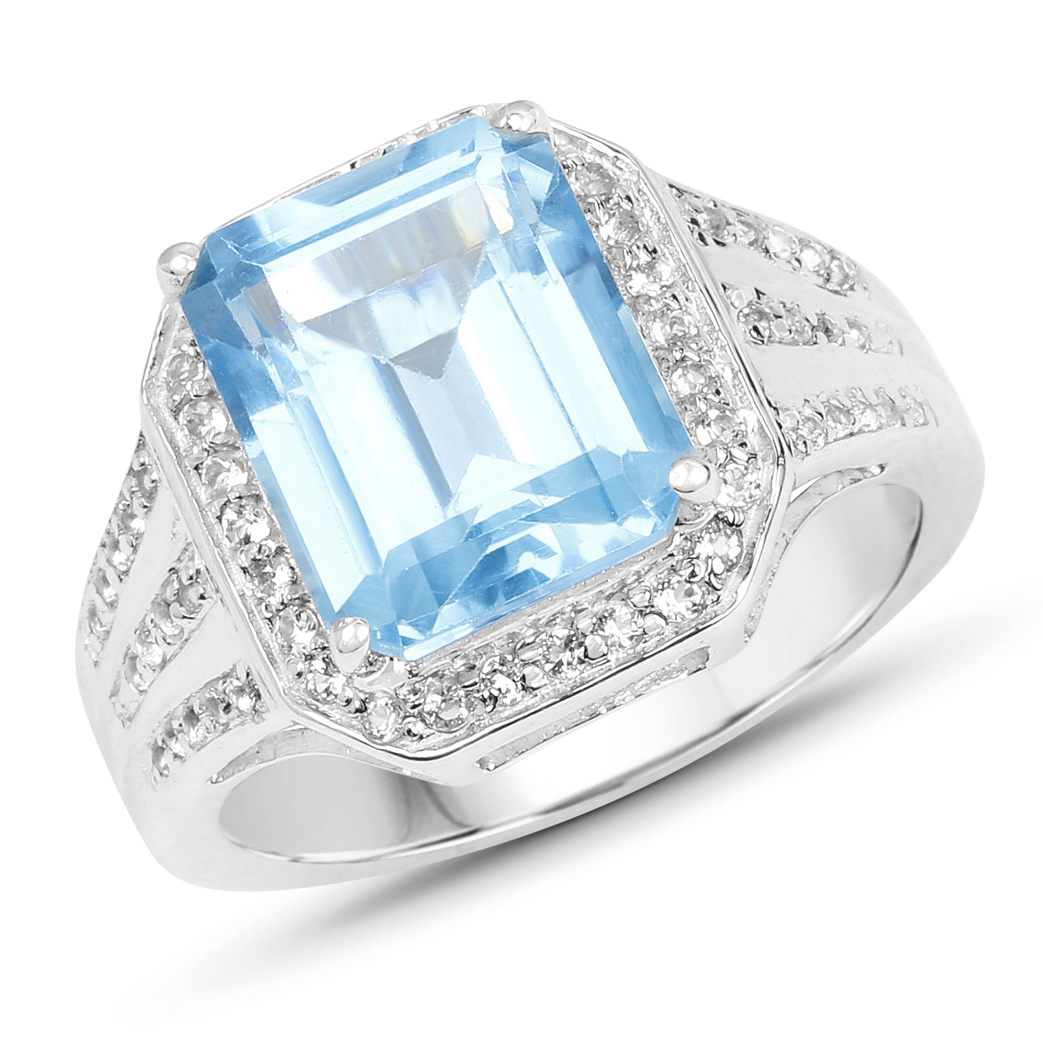 5.97 Carat Genuine Swiss Blue Topaz and White Topaz .925 Sterling Silver Ring