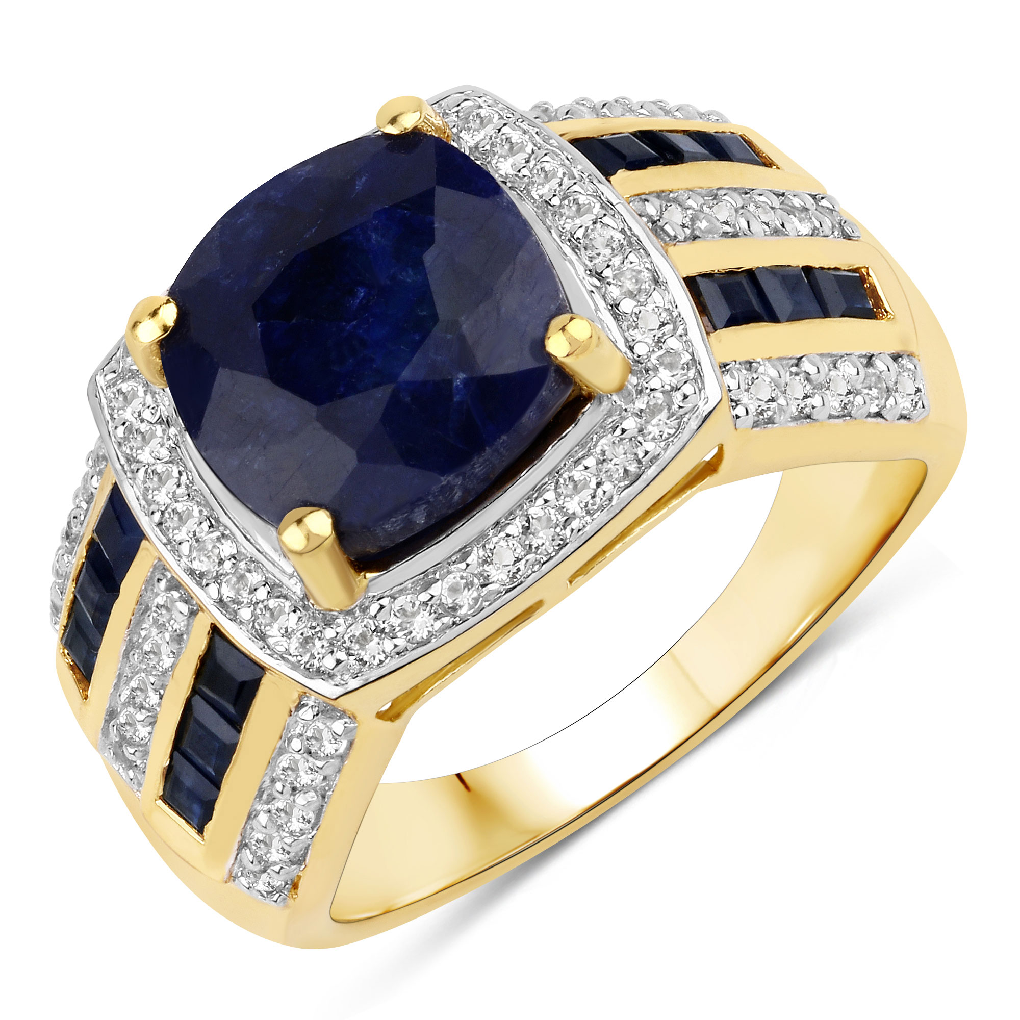 5.12 Carat Dyed Sapphire, Blue Sapphire and White Topaz .925 Sterling Silver Ring