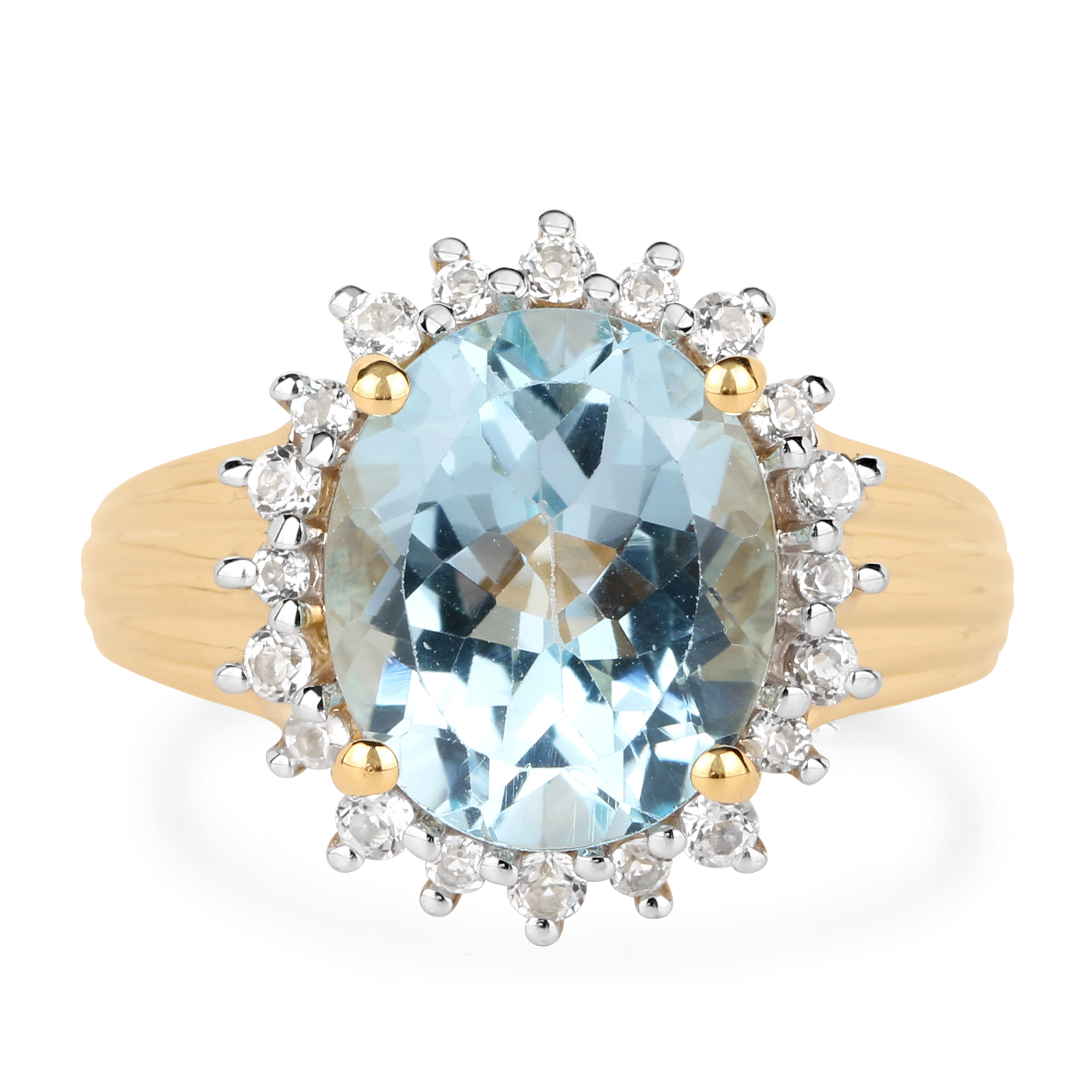 14K Yellow Gold Plated 5.87 Carat Genuine Blue Topaz and White Topaz .925 Sterling Silver Ring