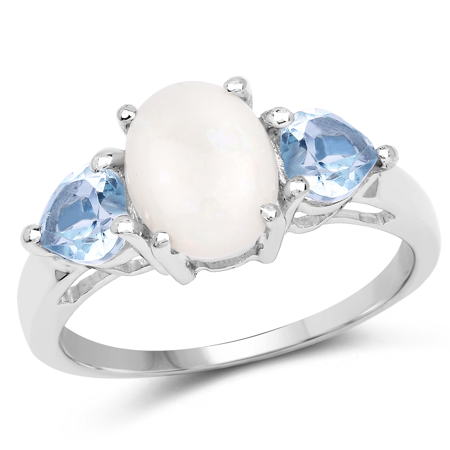 2.10 Carat Genuine Blue Topaz and Opal .925 Sterling Silver Ring