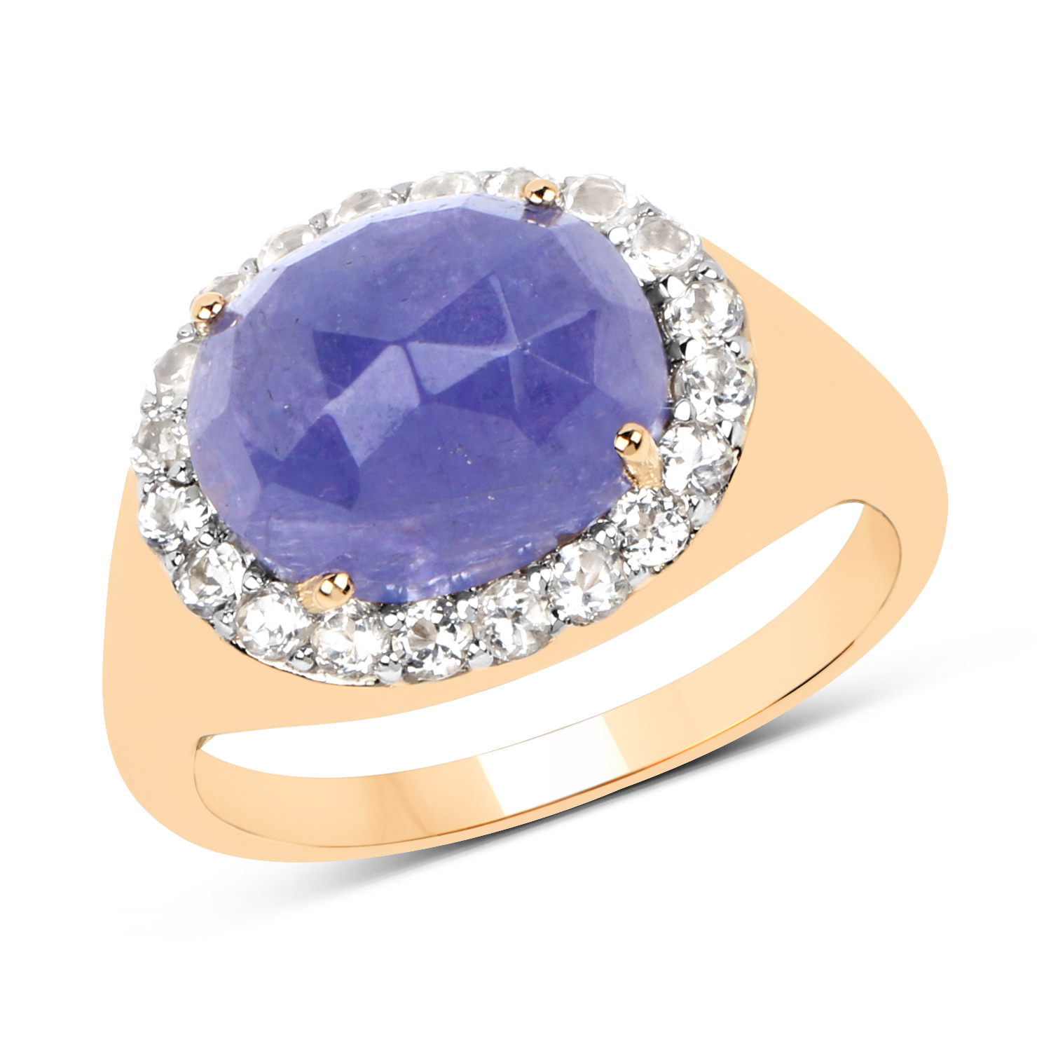 14K Yellow Gold Plated 7.70 Carat Genuine Tanzanite & White Topaz .925 Sterling Silver Ring