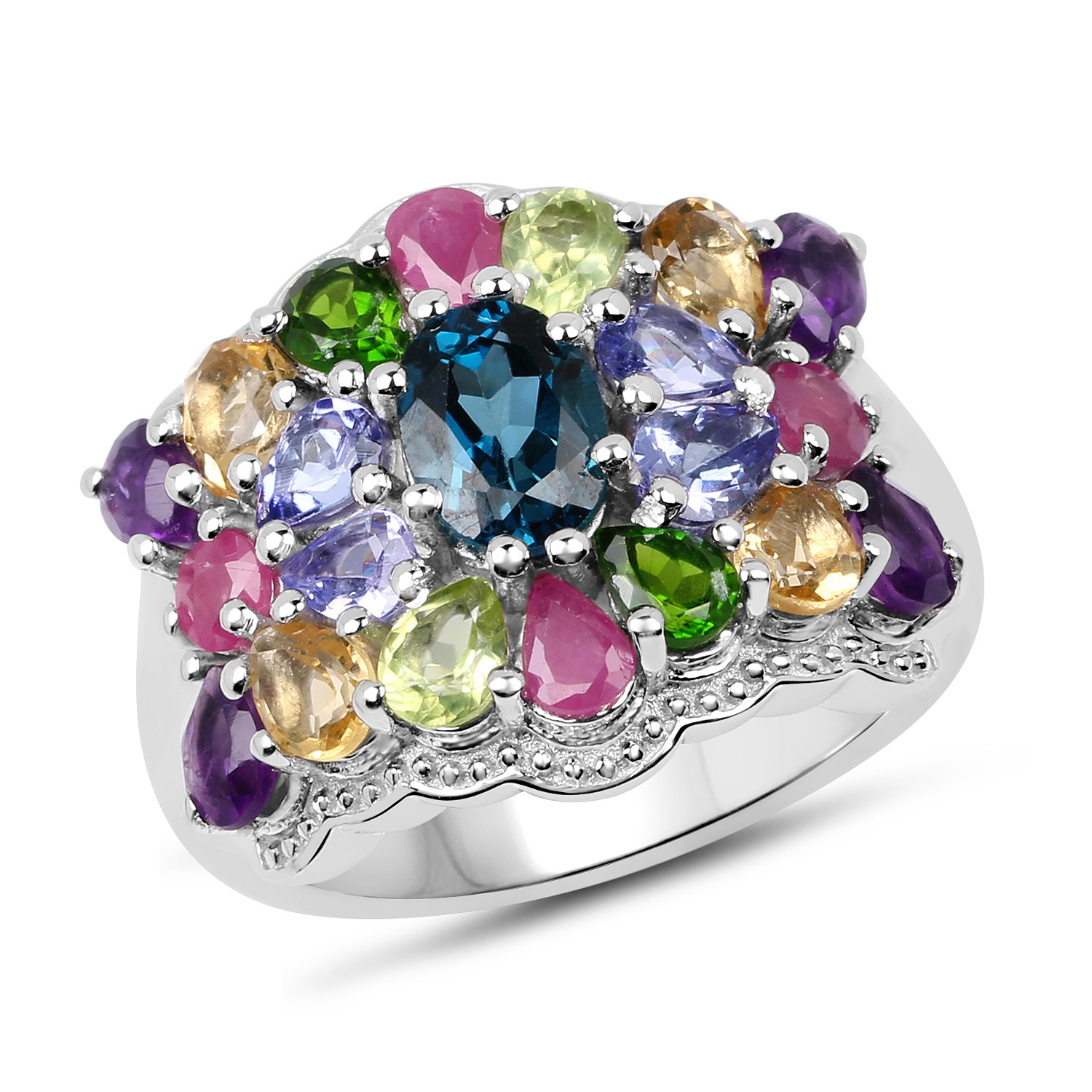 4.02 Carat Genuine Multi Stone .925 Sterling Silver Ring