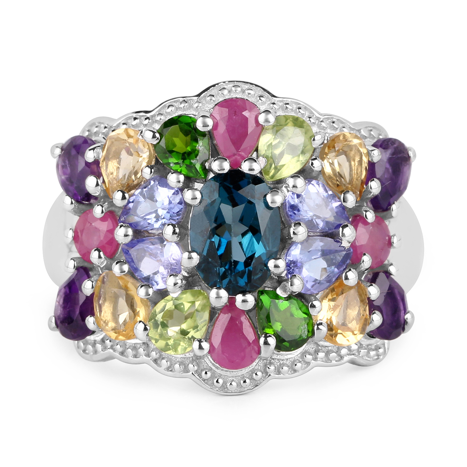 4.02 Carat Genuine Multi Stone .925 Sterling Silver Ring