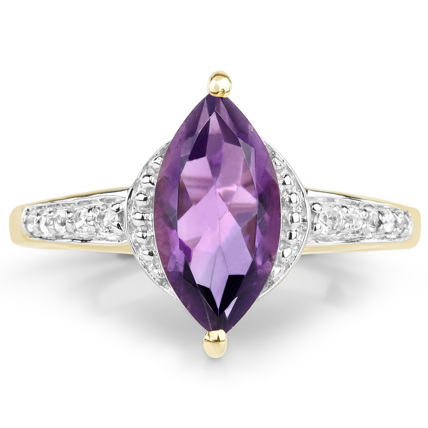 14K Yellow Gold Plated 1.45 Carat Genuine Amethyst & White Topaz .925 Sterling Silver Ring