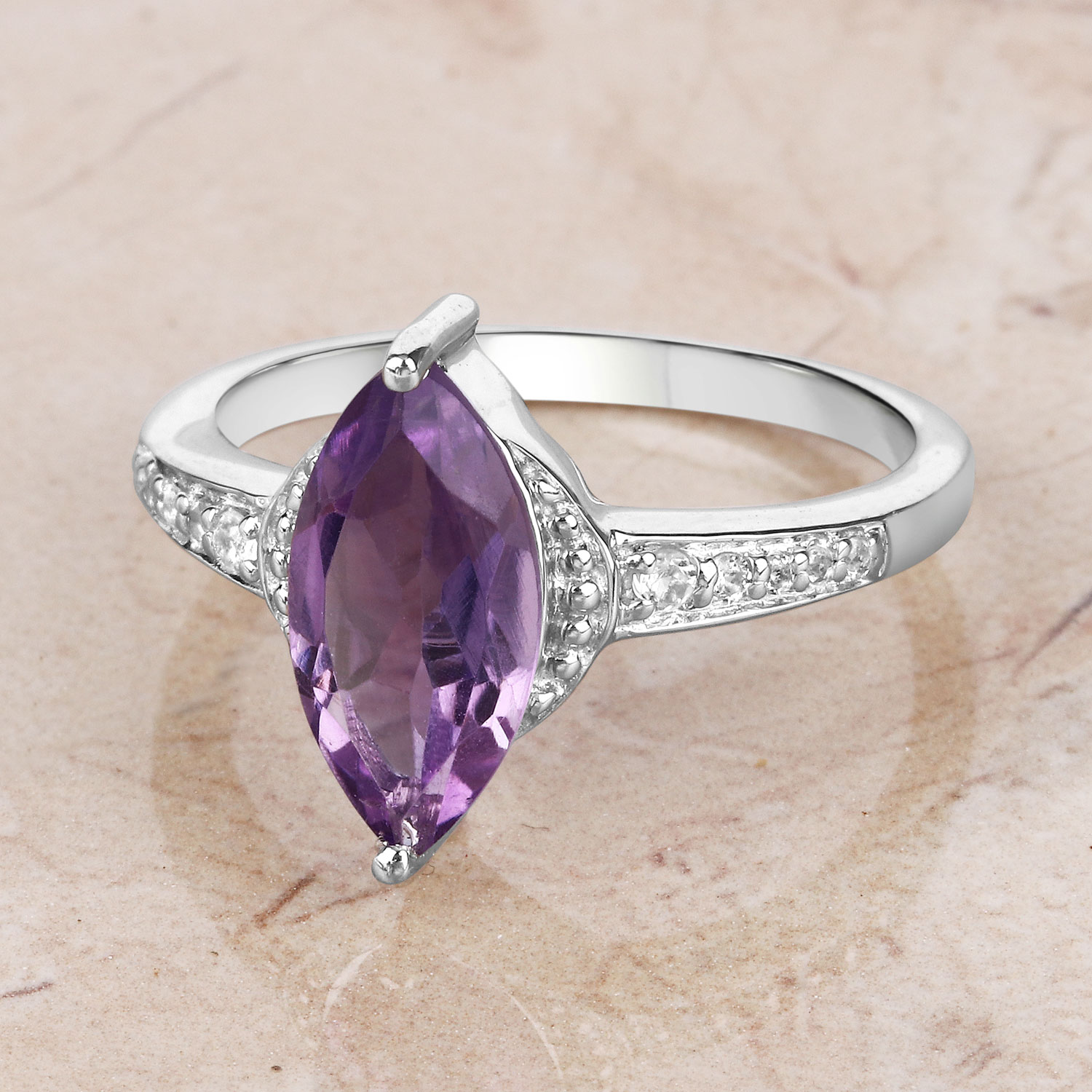 1.55 Carat Genuine Amethyst and White Topaz .925 Sterling Silver Ring